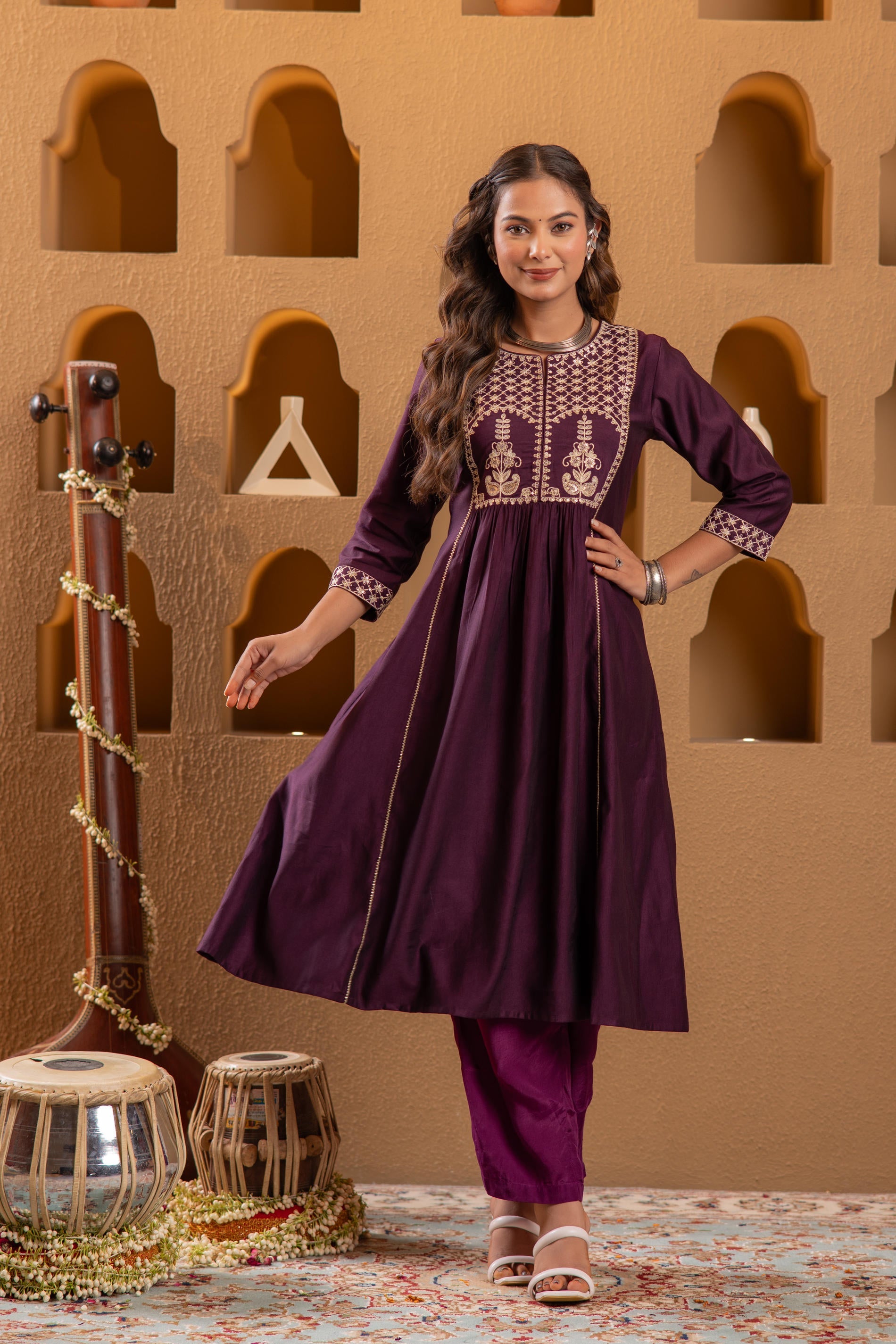 Wine Embroidered Yoke Kurta