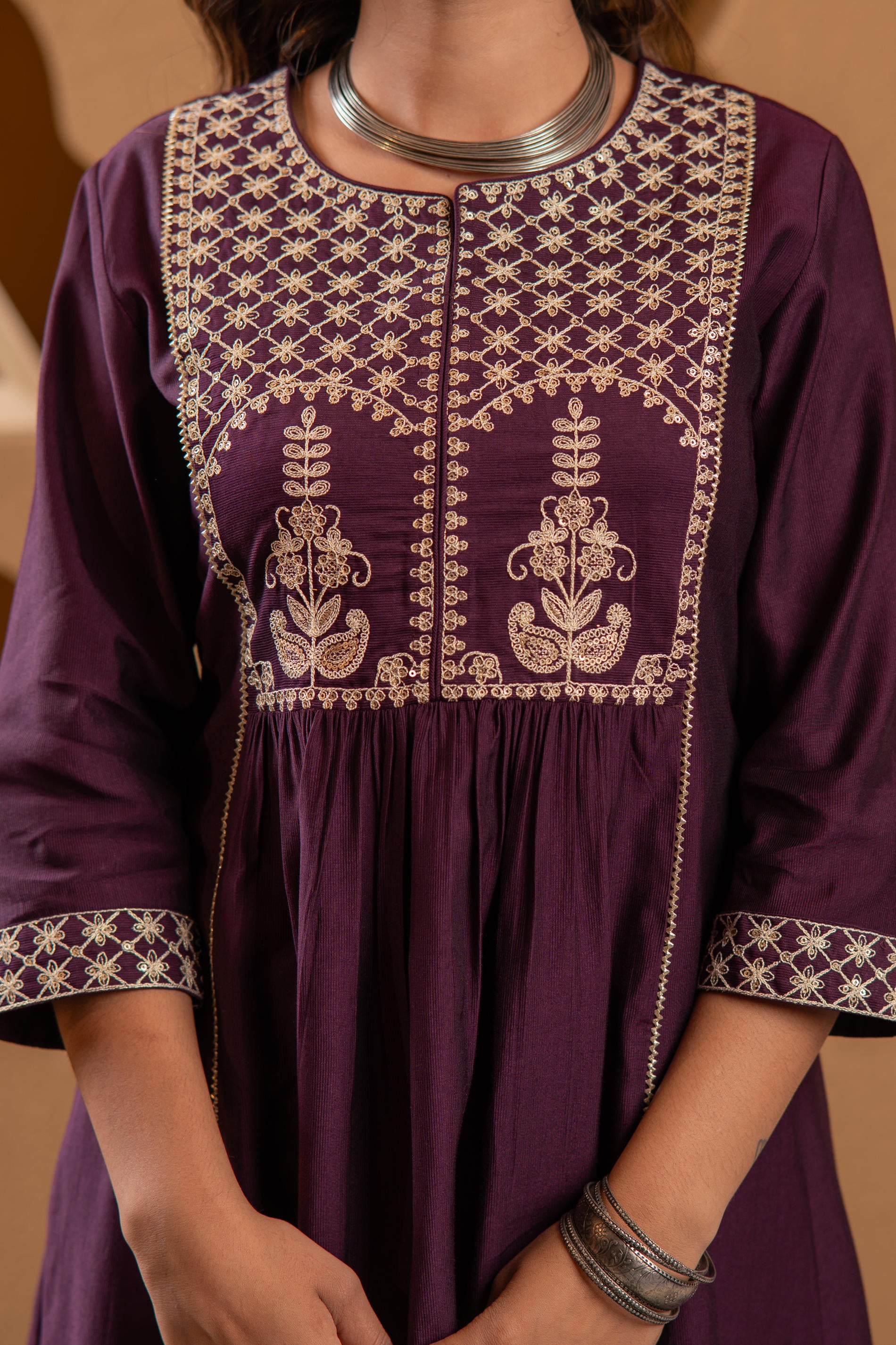 Wine Embroidered Yoke Kurta