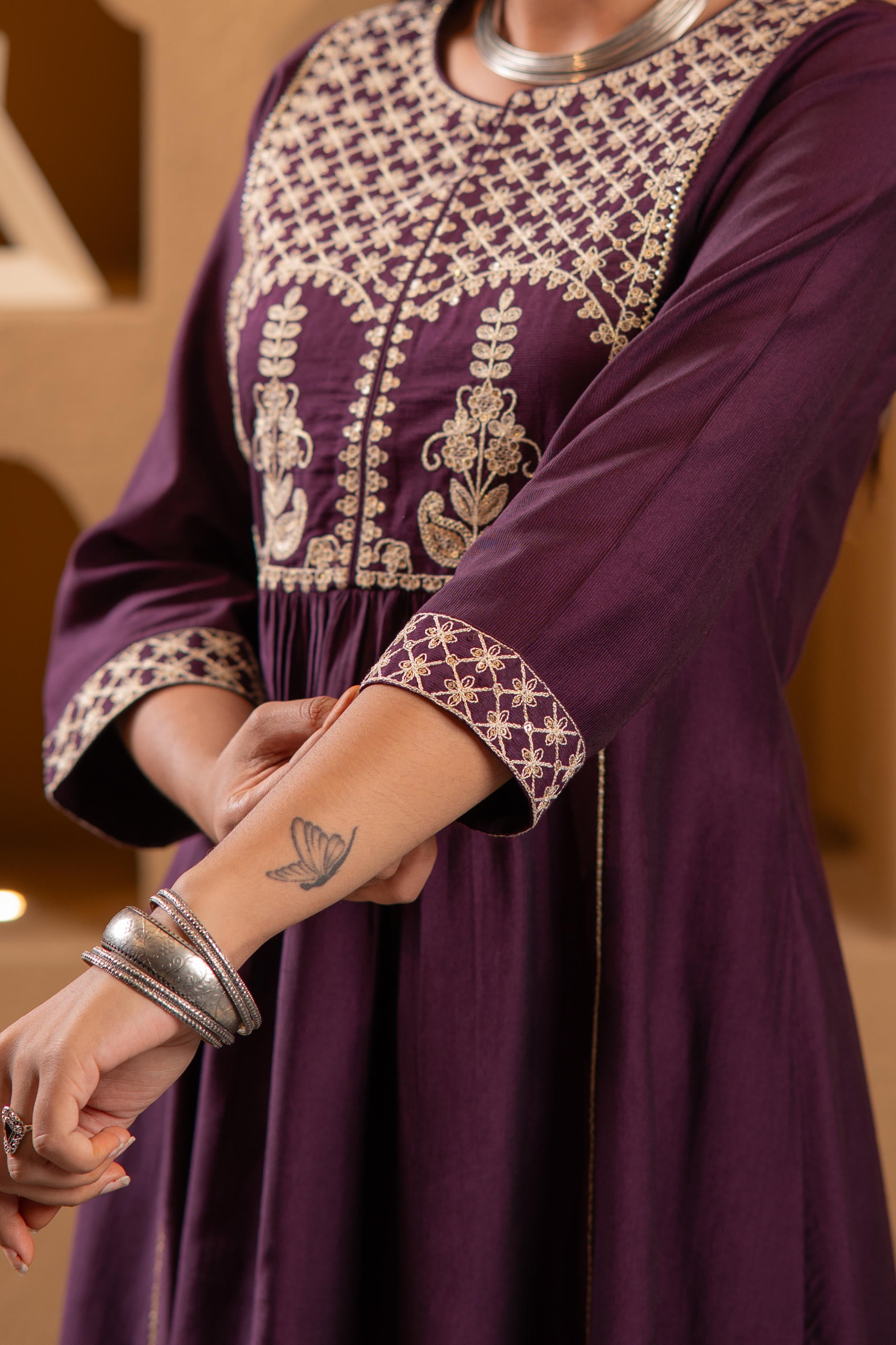 Wine Embroidered Yoke Kurta
