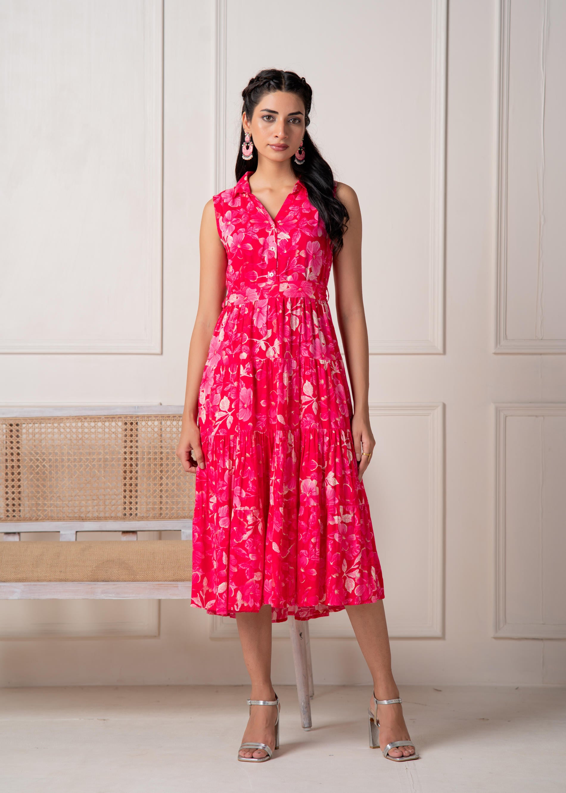 Coral Fuchsia Sleeveless Floral Tiered Dress