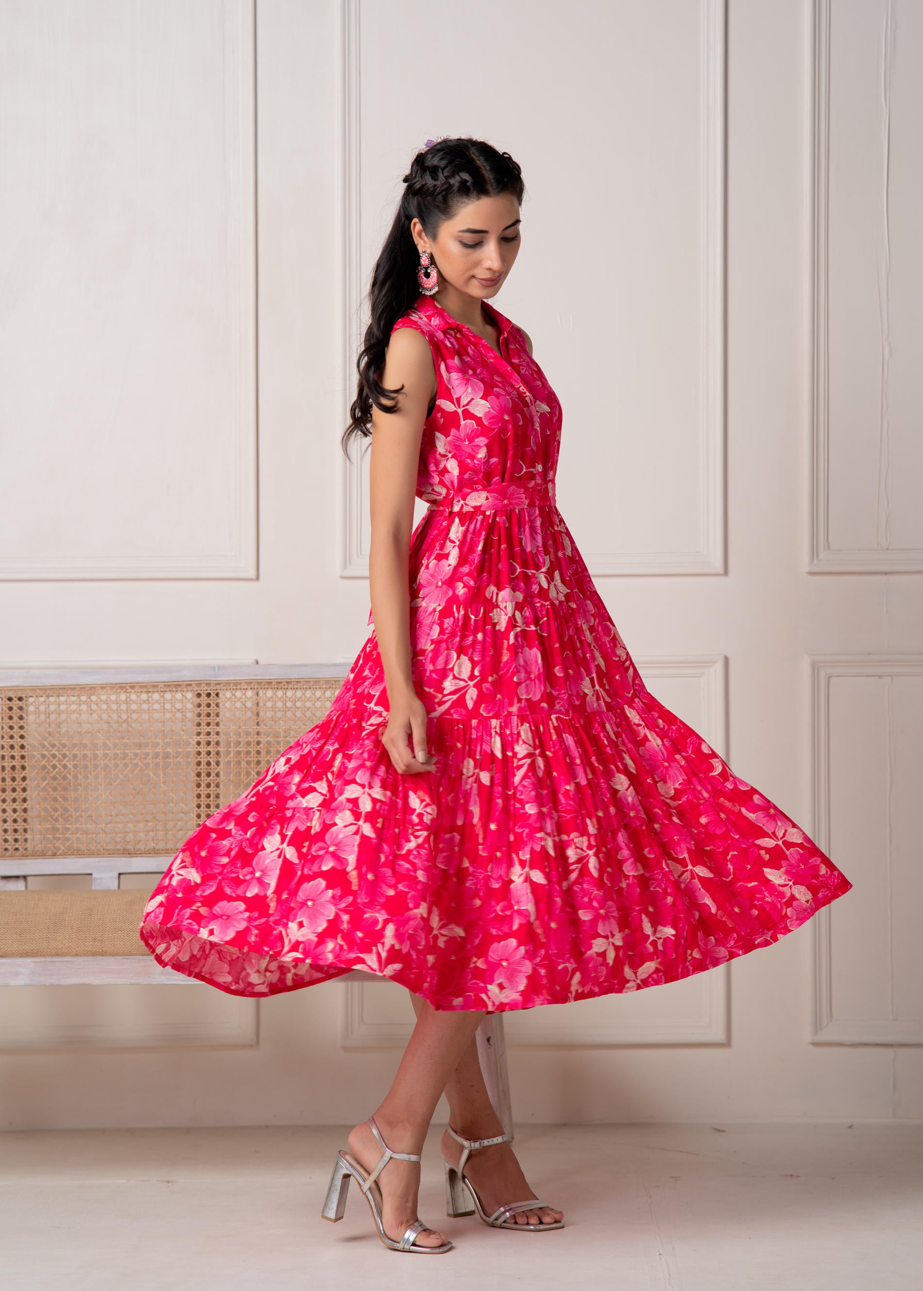 Coral Fuchsia Sleeveless Floral Tiered Dress