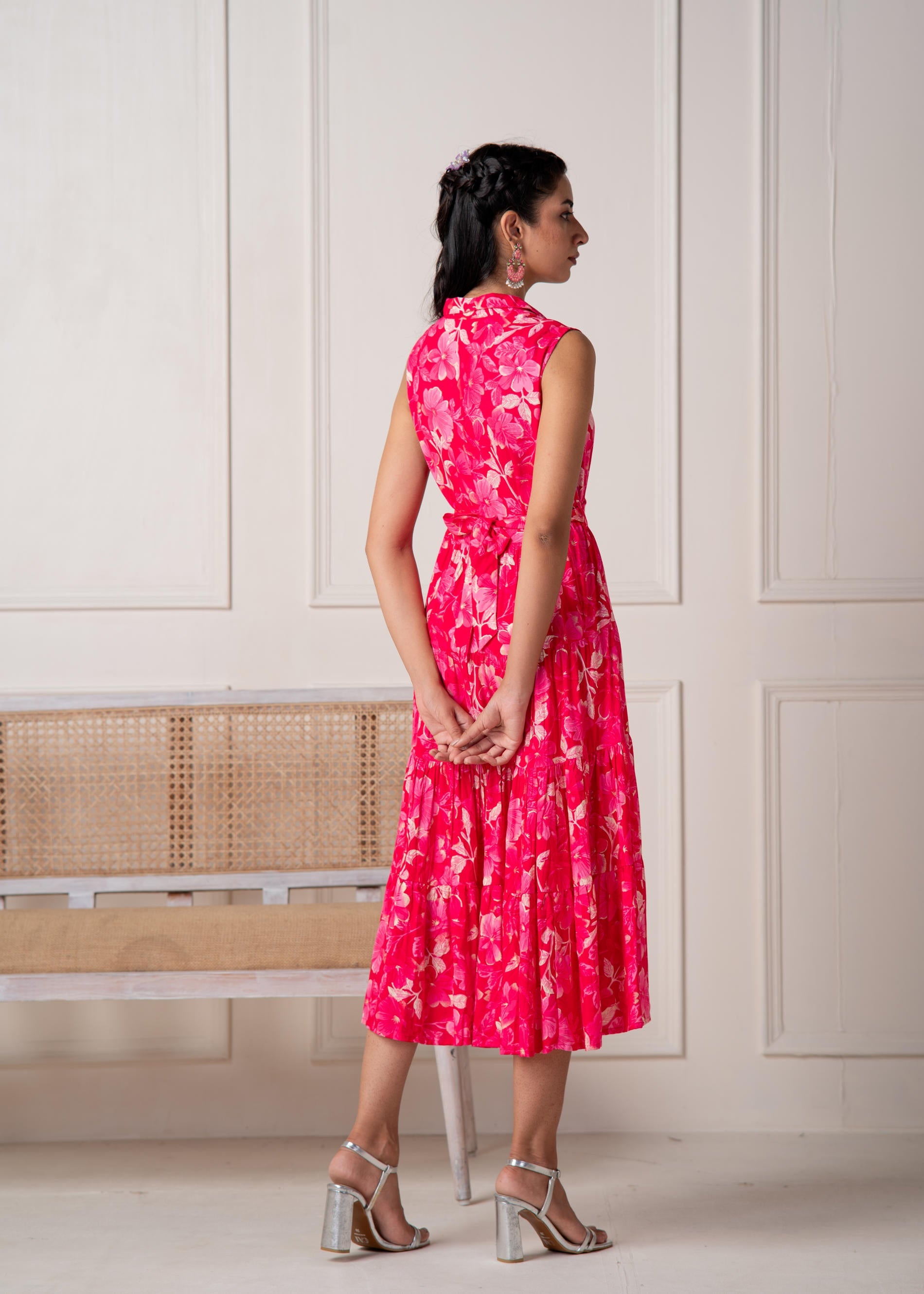 Coral Fuchsia Sleeveless Floral Tiered Dress