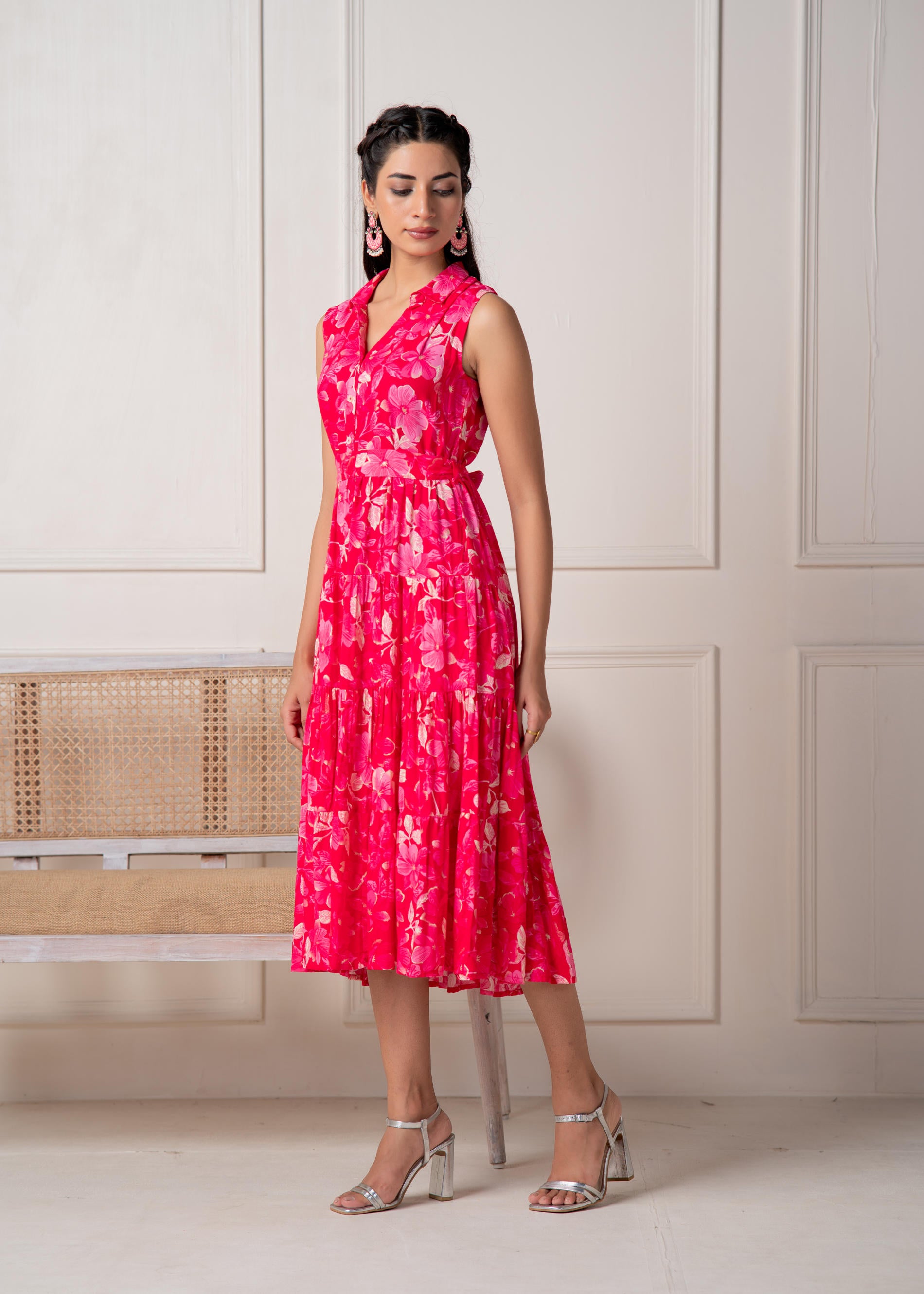 Coral Fuchsia Sleeveless Floral Tiered Dress
