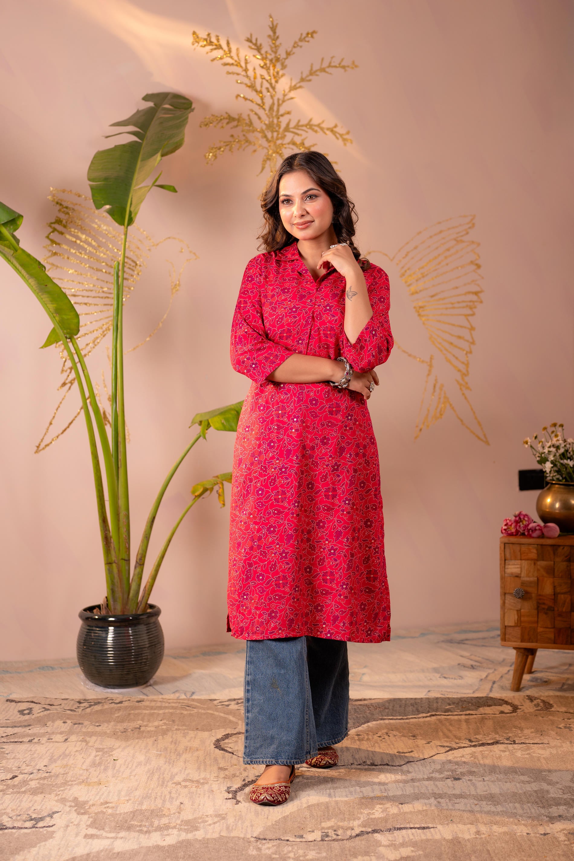 Fuchsia Floral Printed Straight Kurta