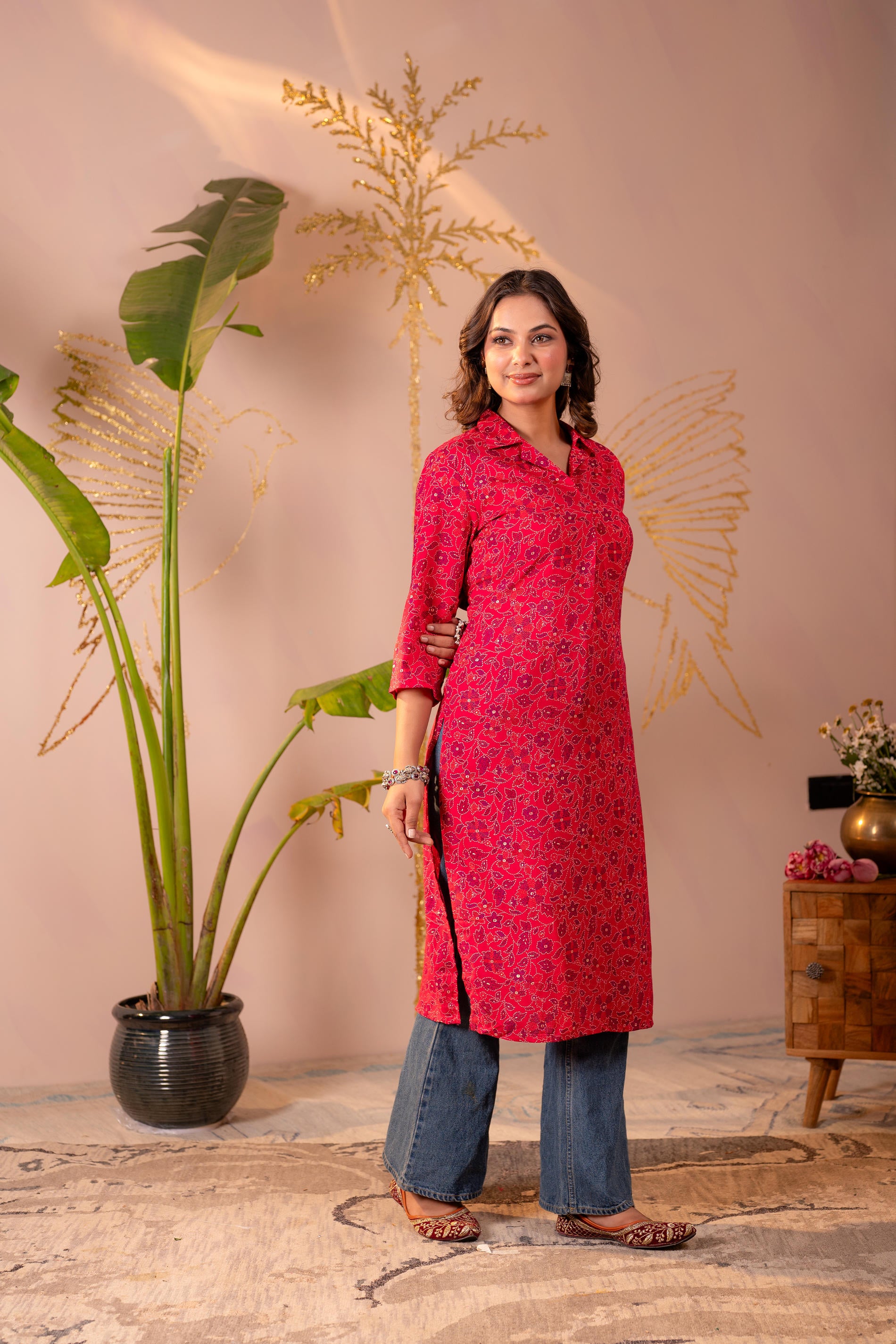 Fuchsia Floral Printed Straight Kurta