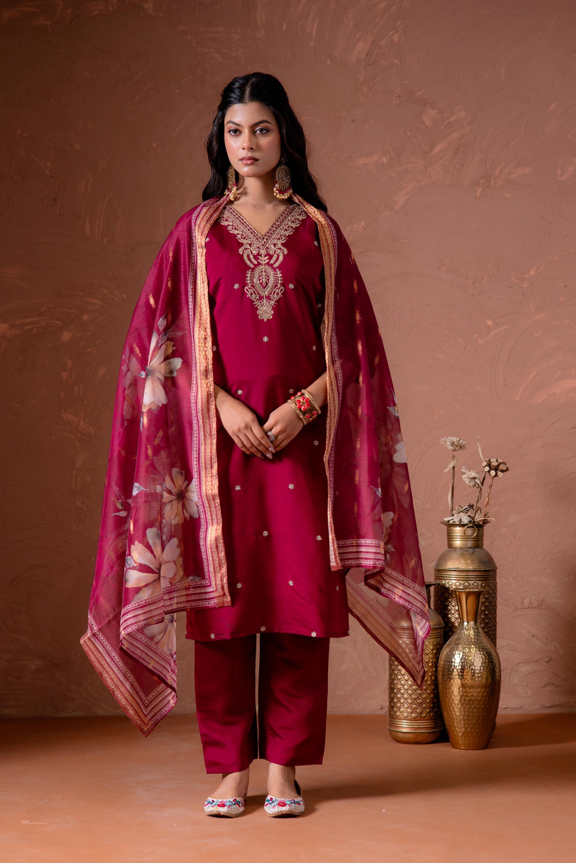 Cherry Embroidered Suit Set with Printed Floral Dupatta