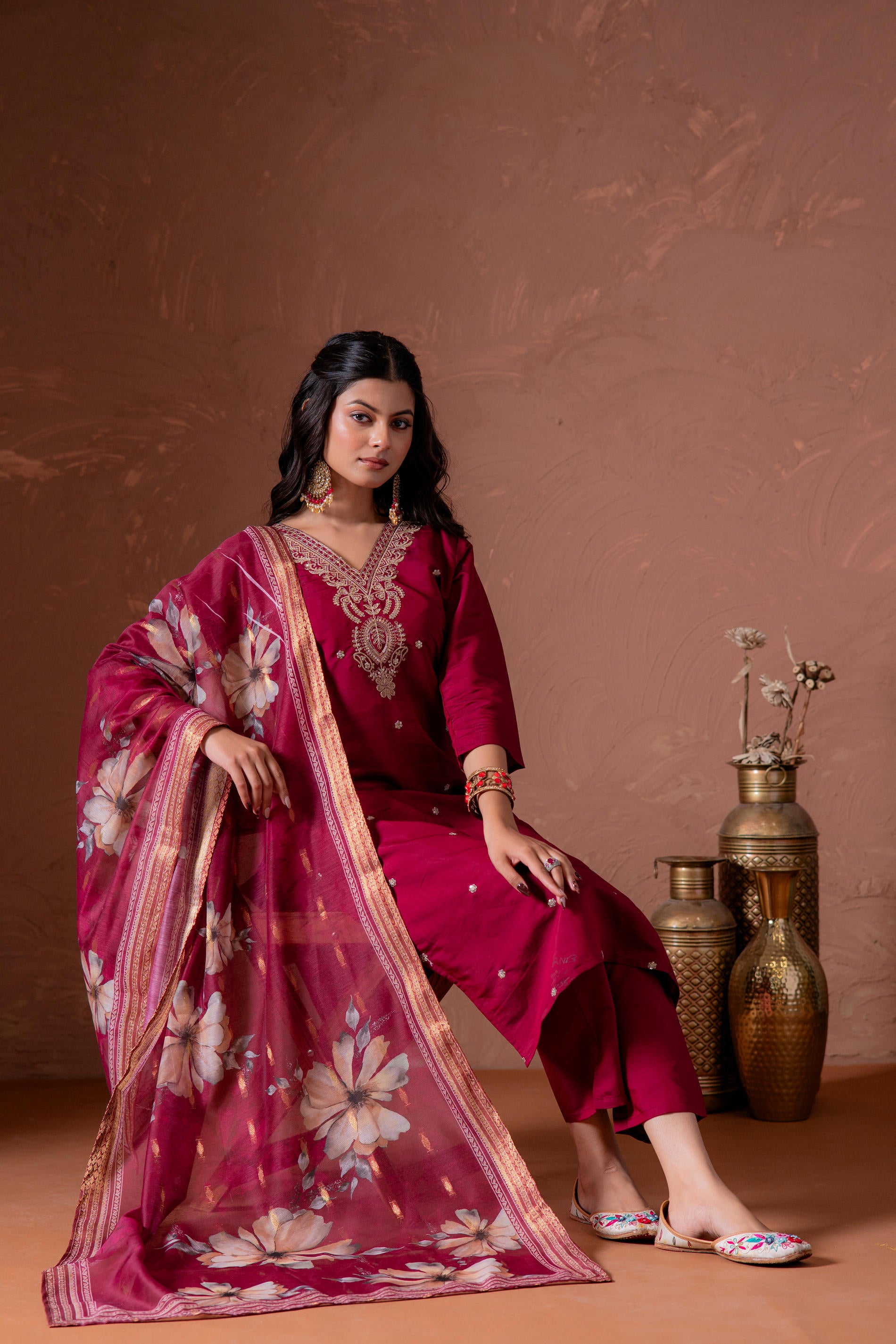 Cherry Embroidered Suit Set with Printed Floral Dupatta