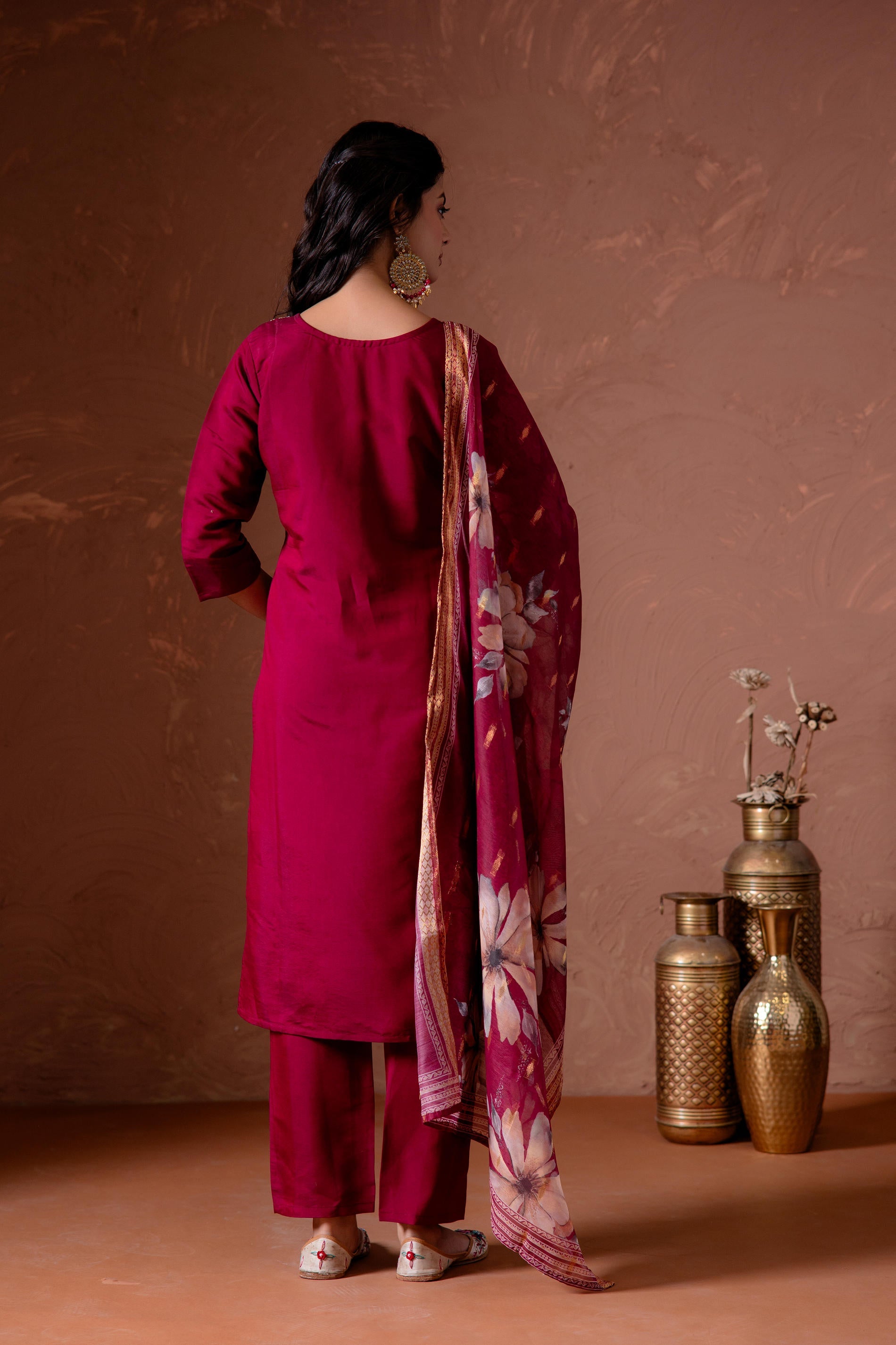 Cherry Embroidered Suit Set with Printed Floral Dupatta
