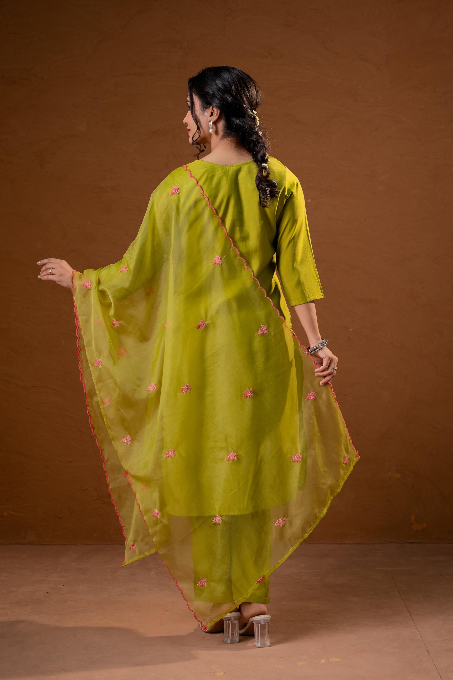 Green, Embroidered Straight Kurta Set with Dupatta