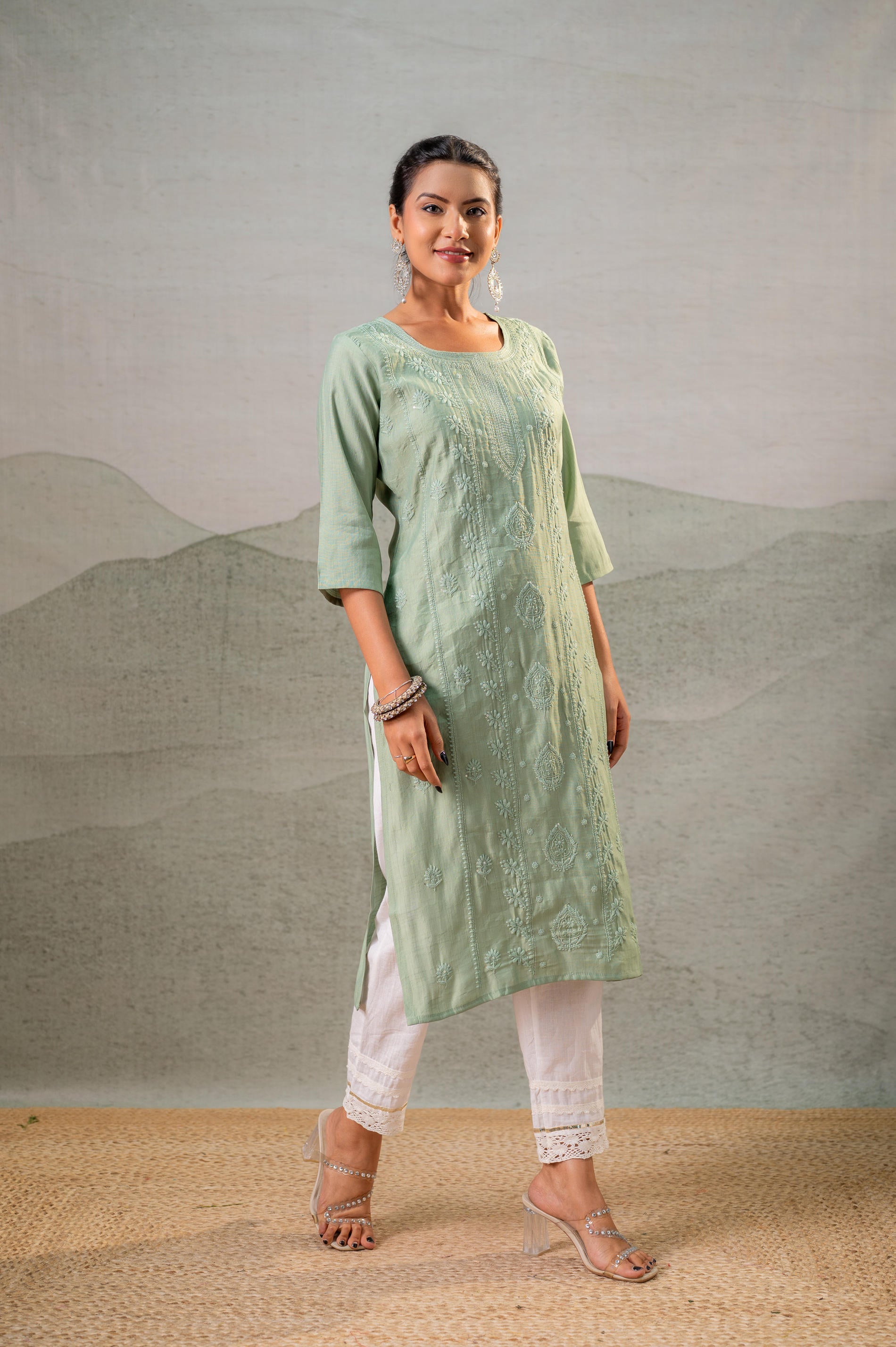 PistaGreen Embroidered Kurta