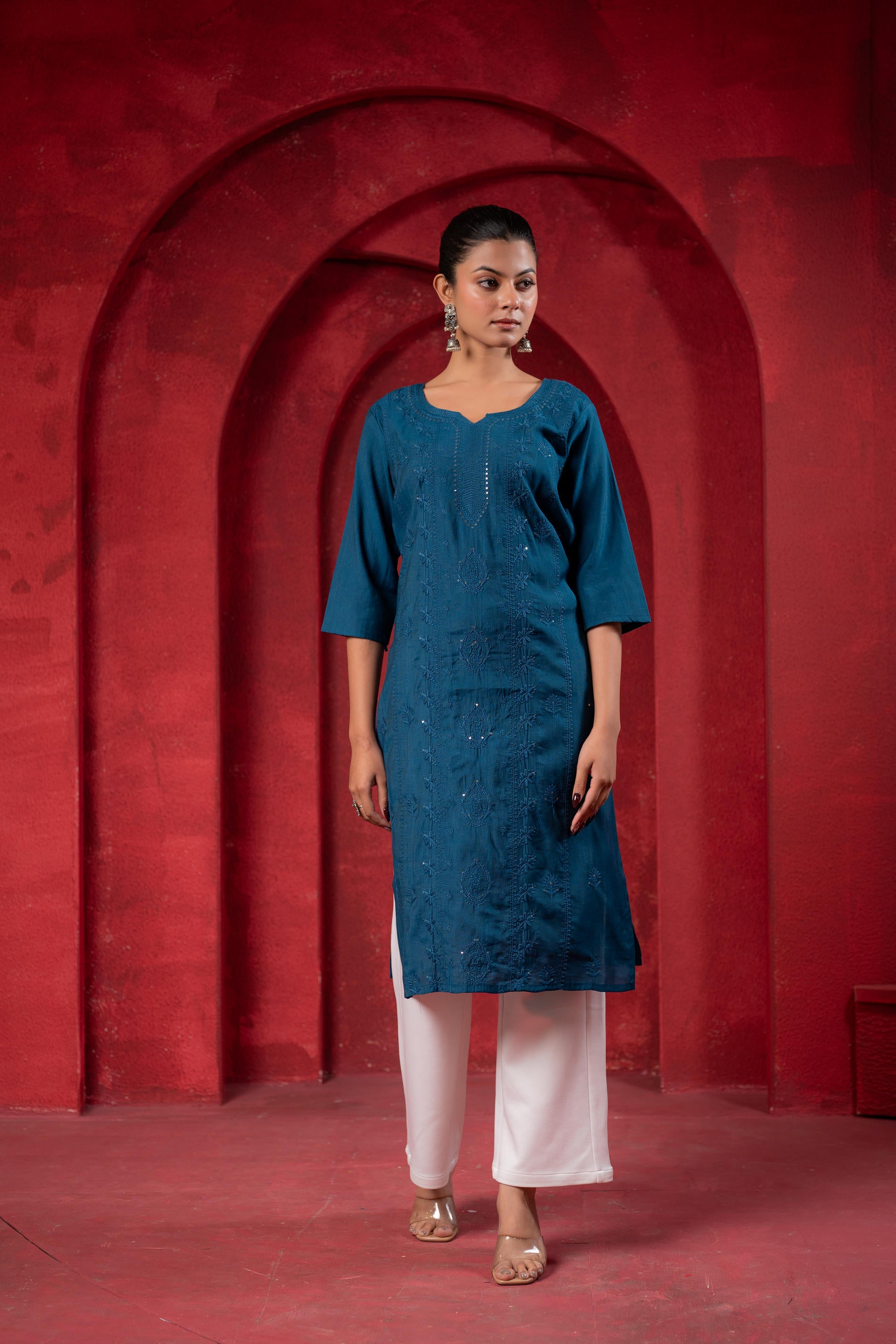 Teal Embroidered Kurta