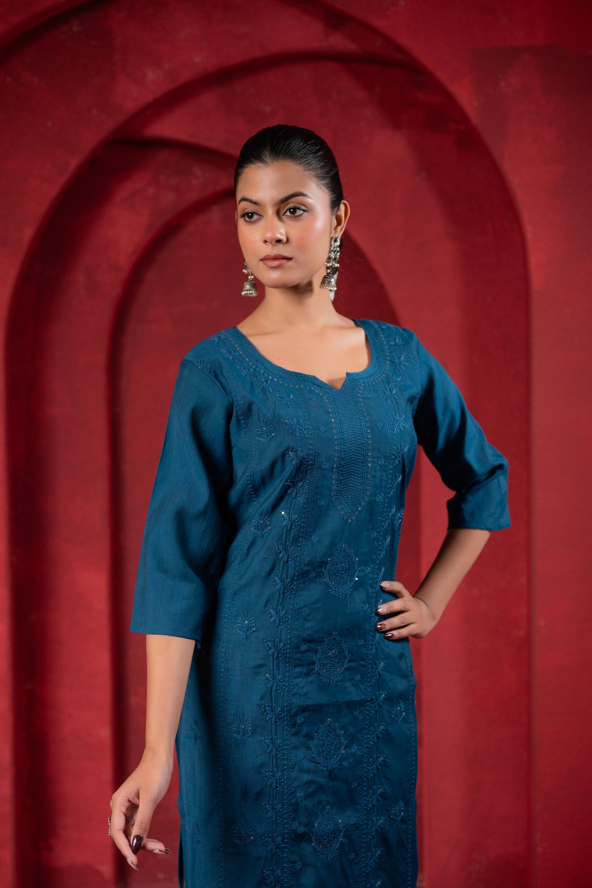 Teal Embroidered Kurta