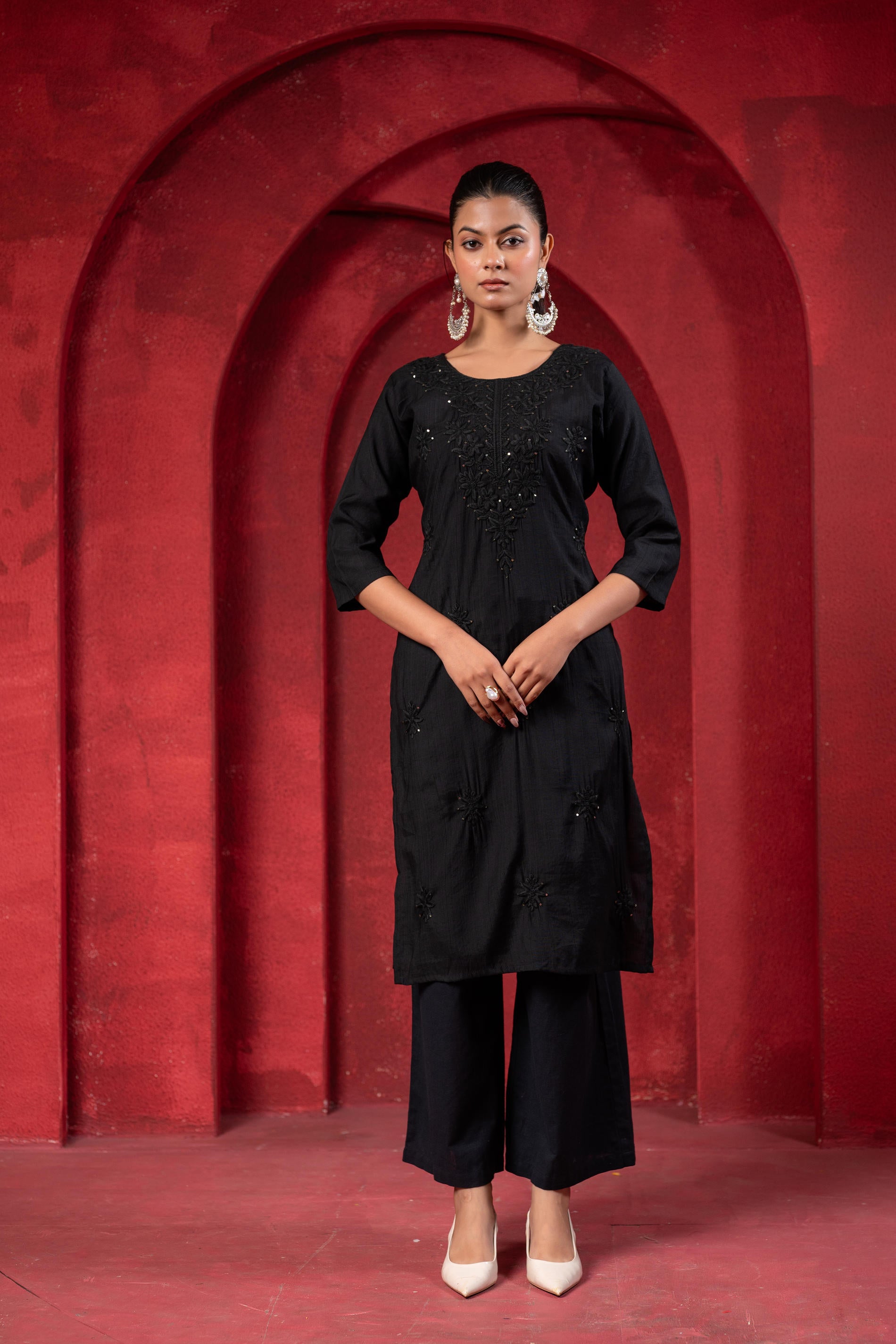 Black Tonal Sequin Embellished Straight Kurta Set