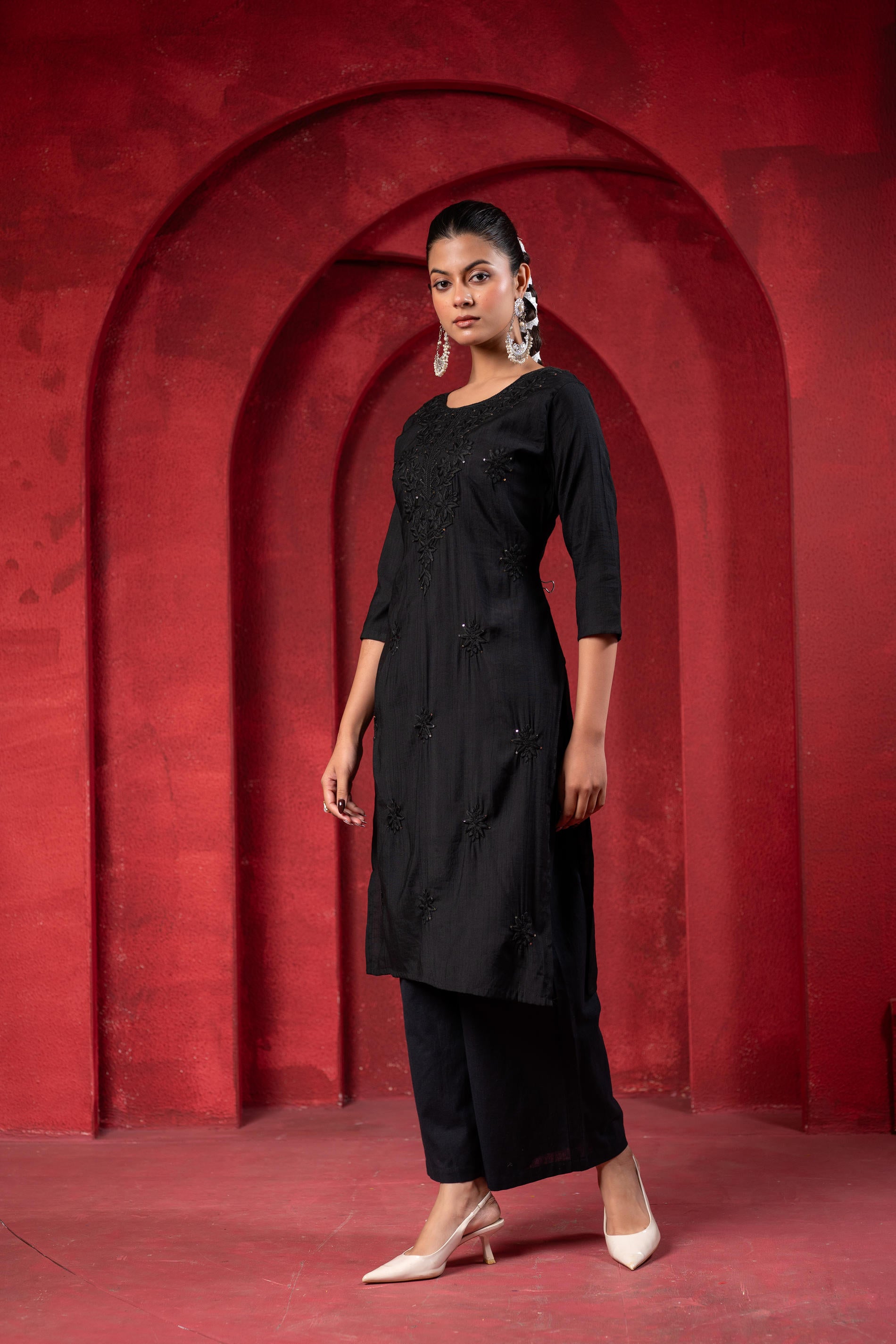 Black Tonal Sequin Embellished Straight Kurta Set