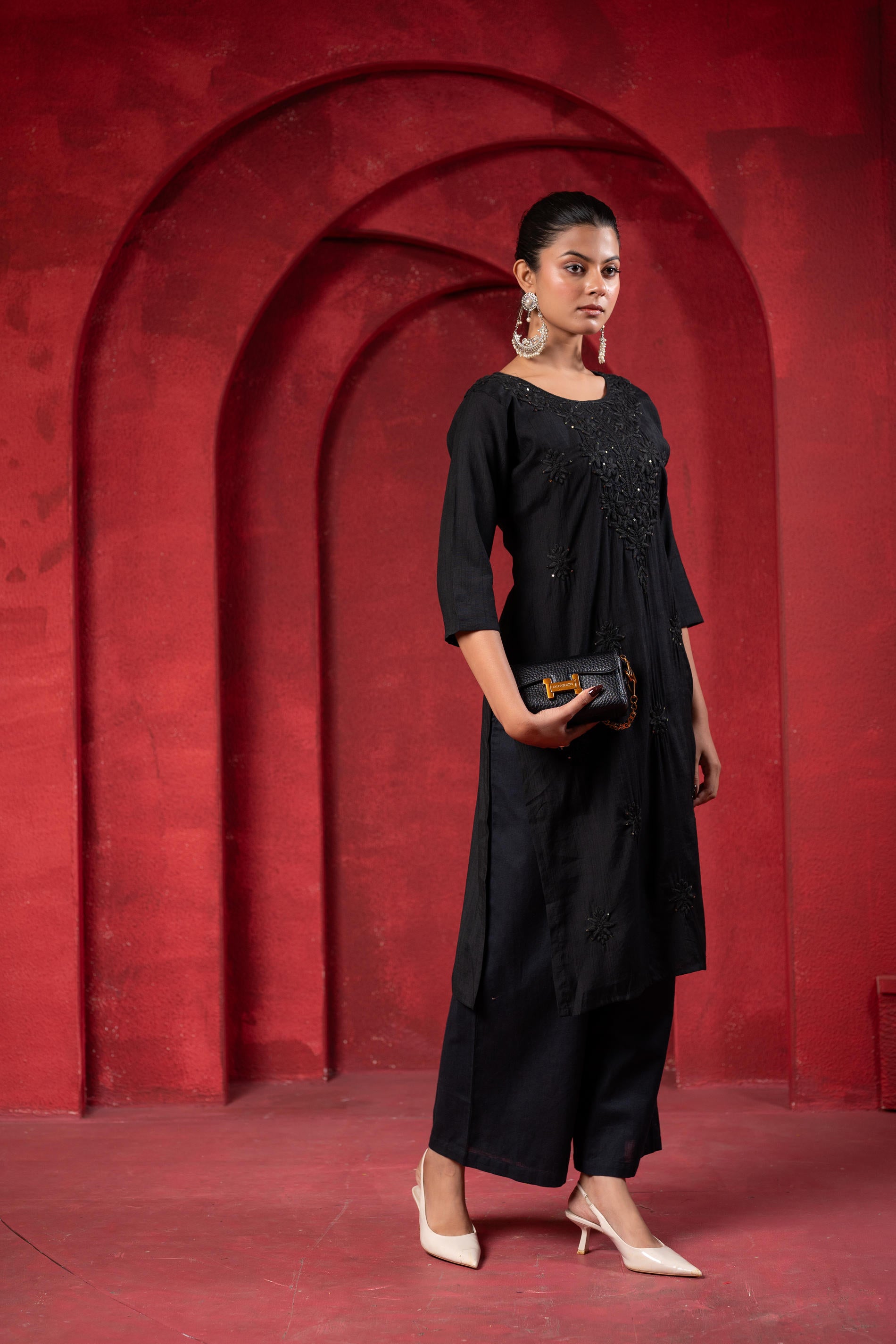 Black Tonal Sequin Embellished Straight Kurta Set