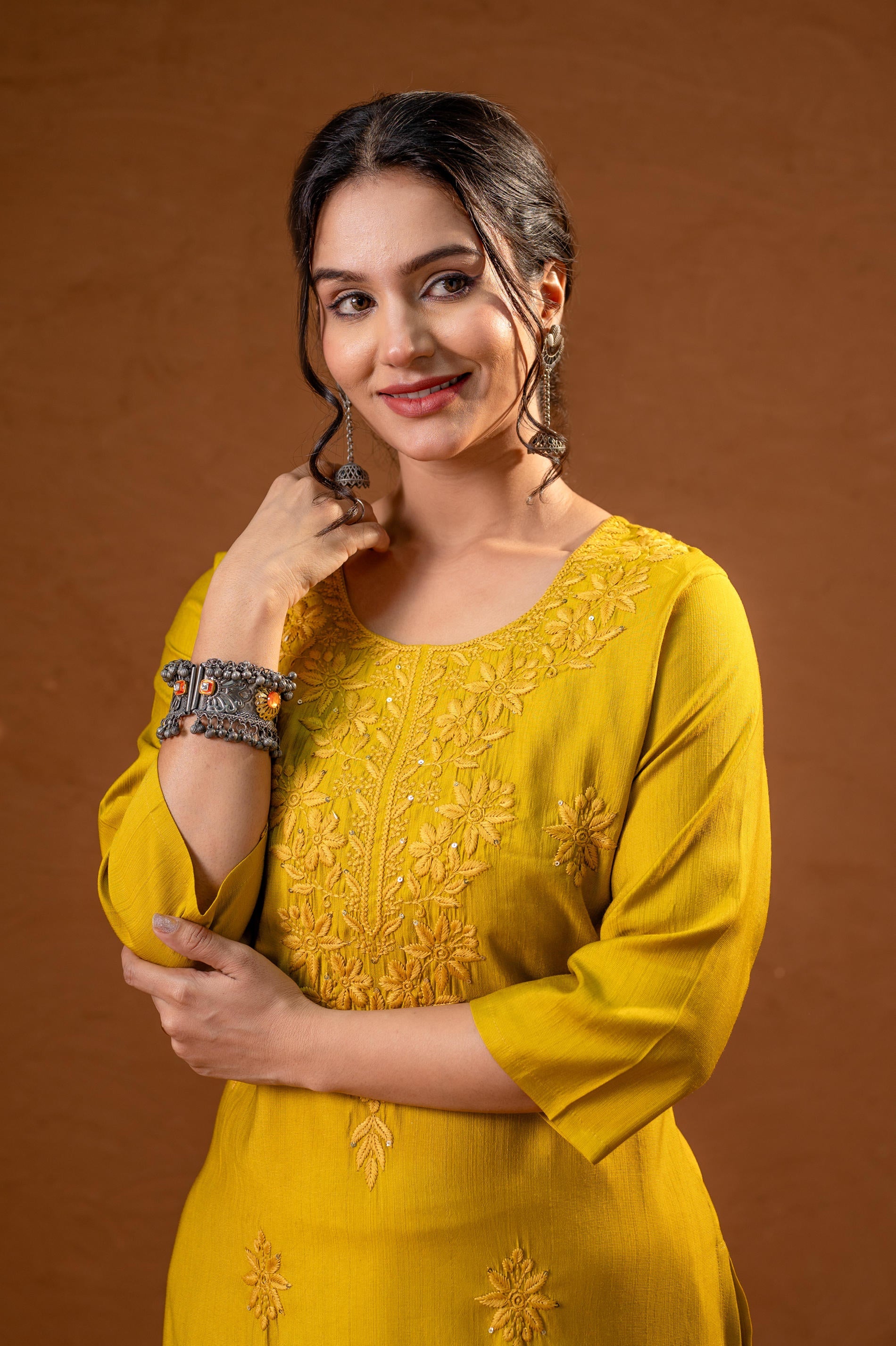Mustard Tonal Sequin Embellished Straight Kurta Set