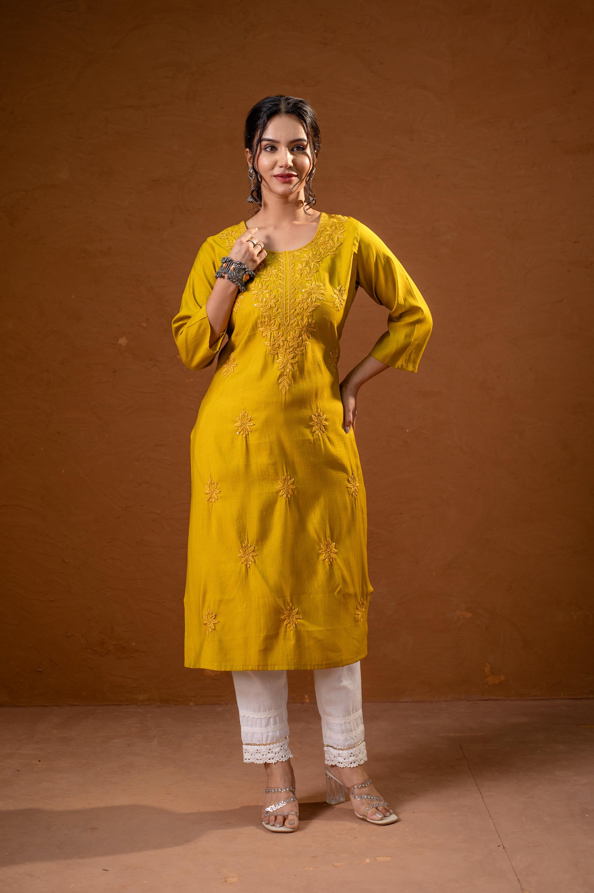 Mustard Tonal Sequin Embellished Straight Kurta Set