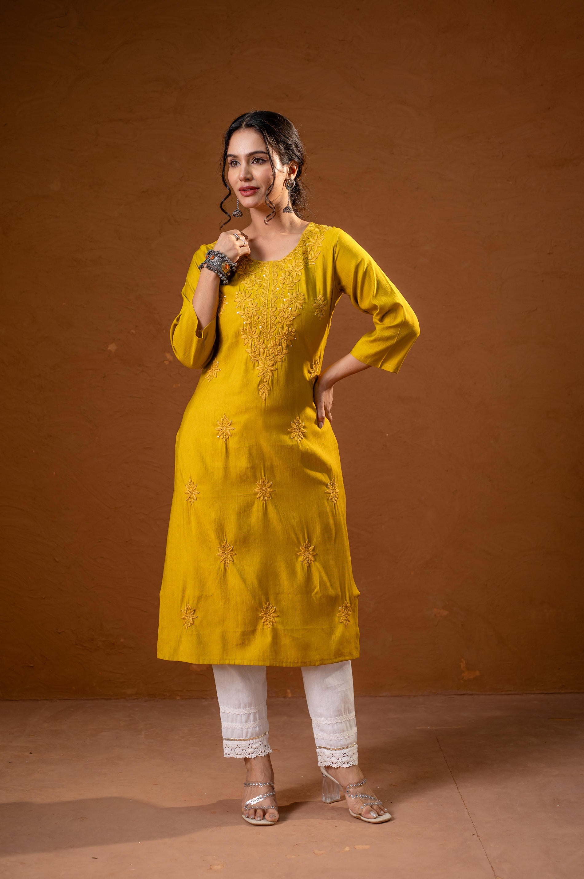 Mustard Tonal Sequin Embellished Straight Kurta Set
