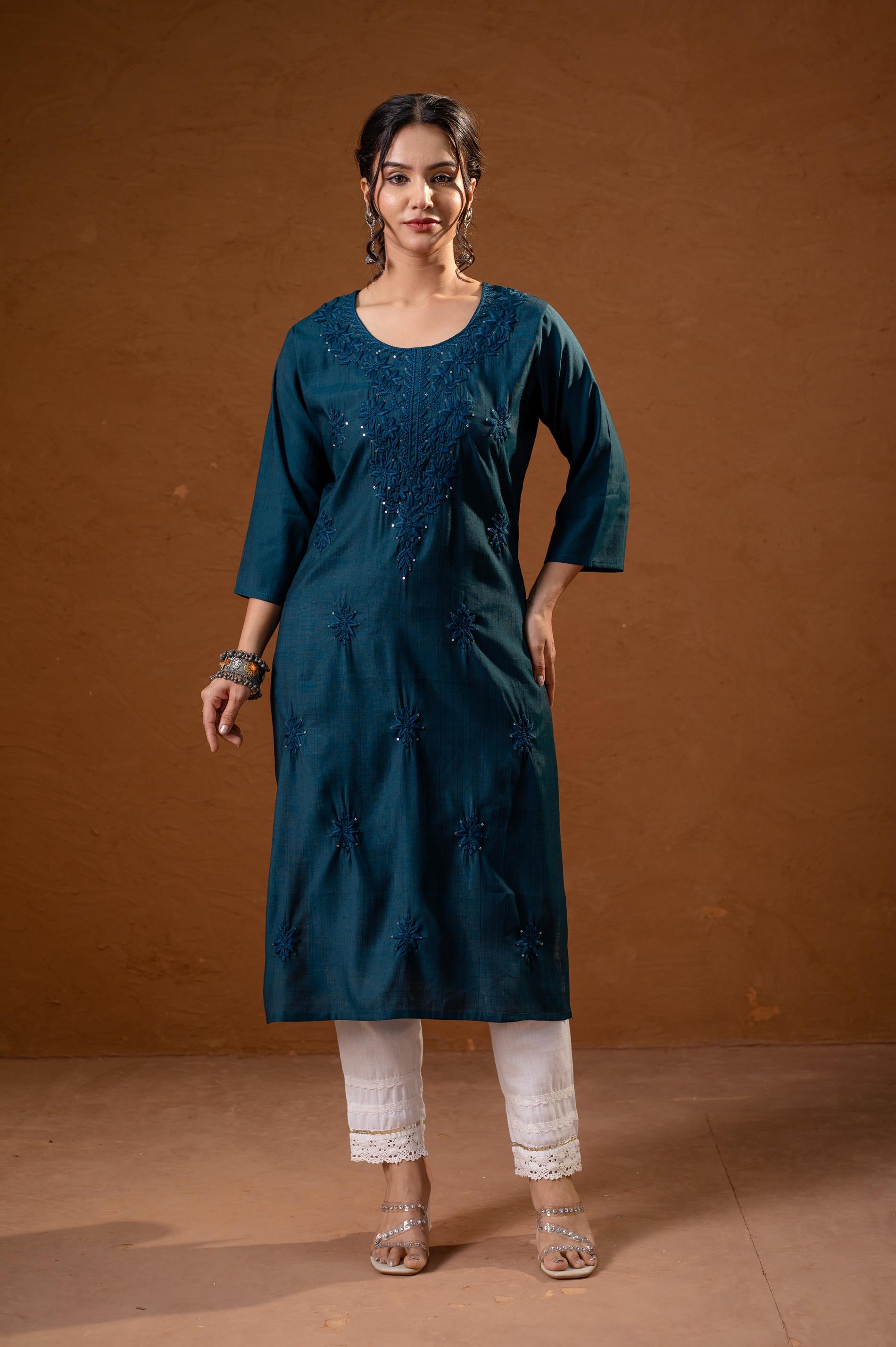Teal Tonal Sequin Embellished Straight Kurta Set