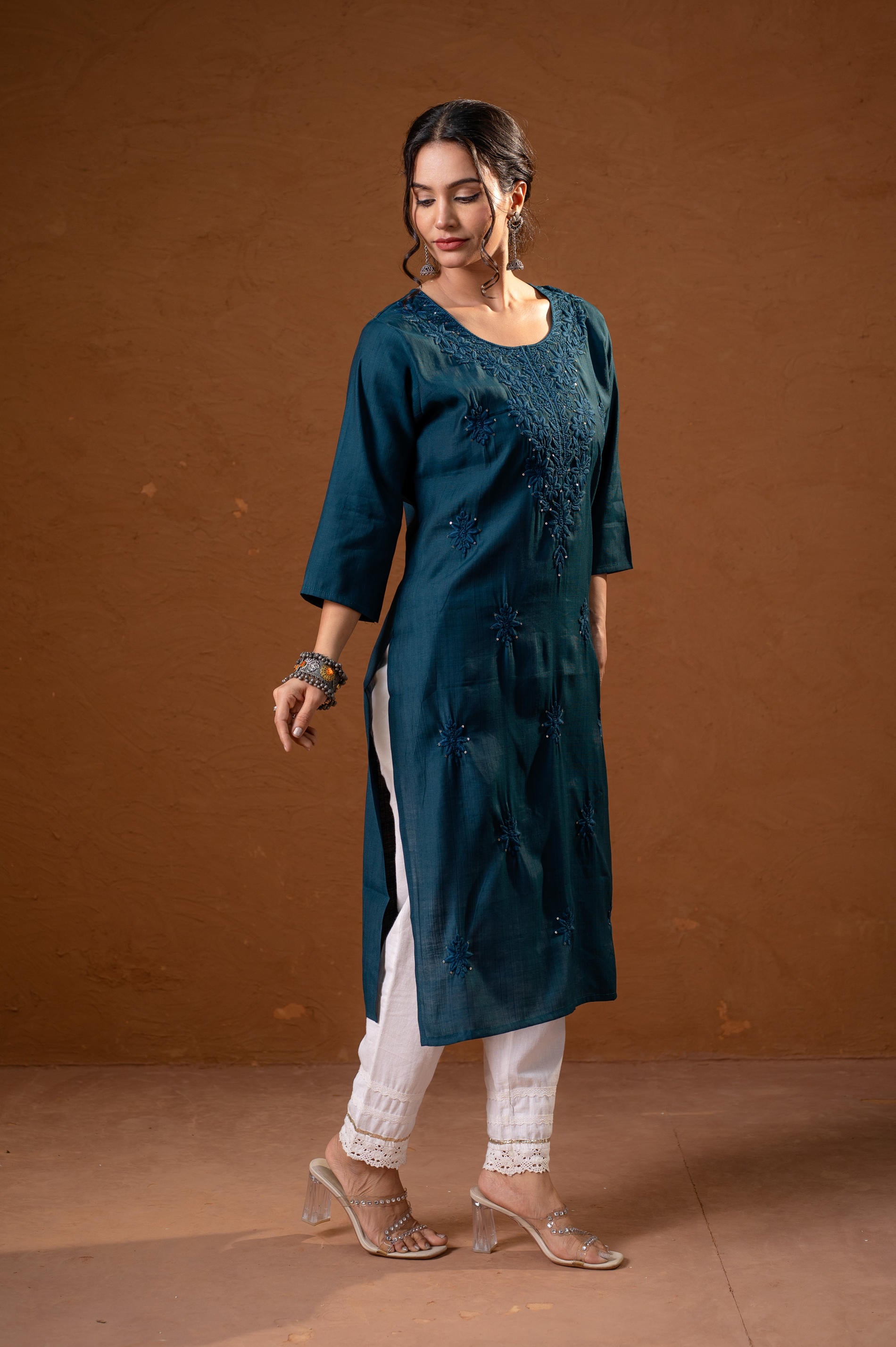Teal Tonal Sequin Embellished Straight Kurta Set