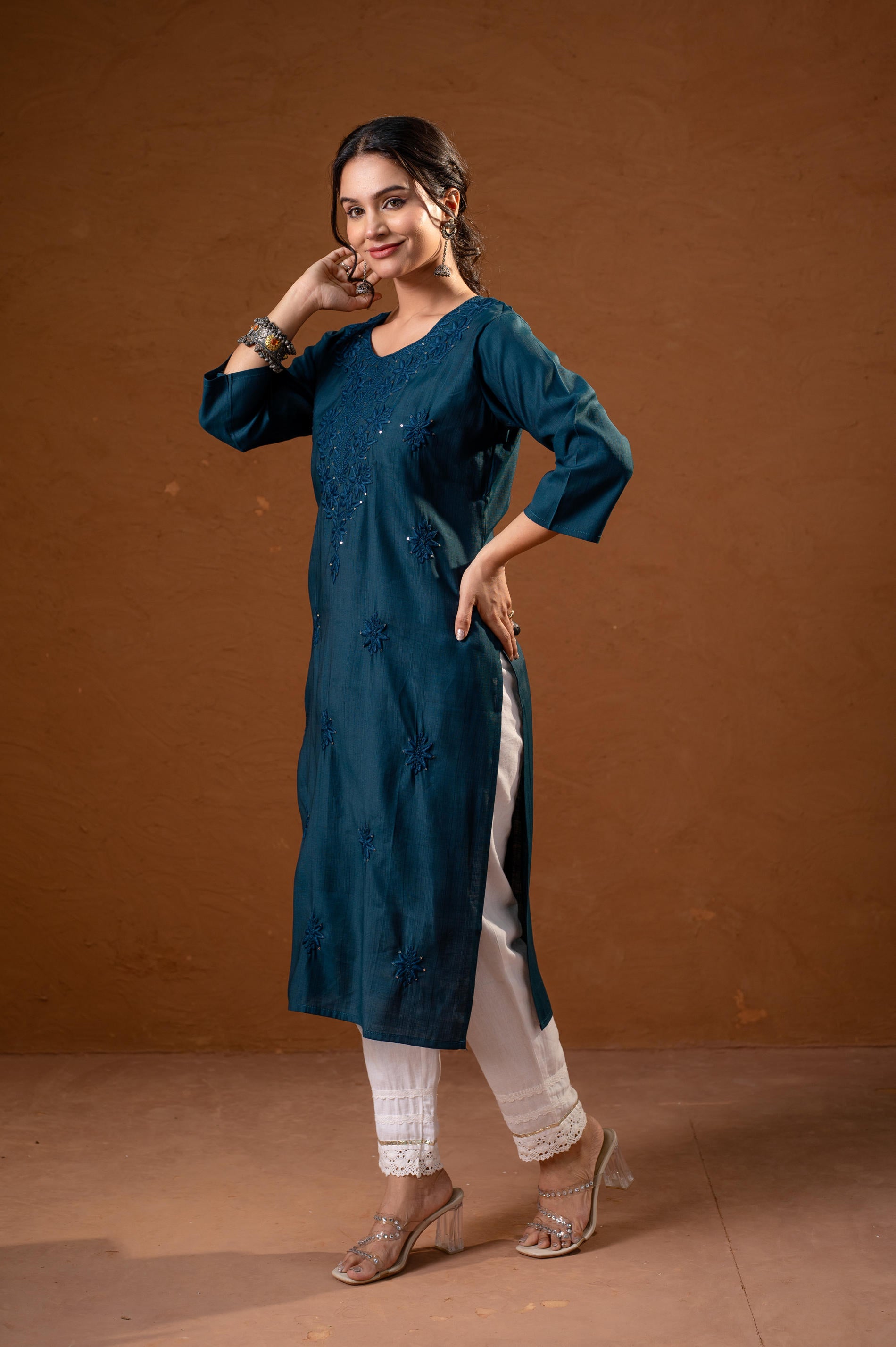Teal Tonal Sequin Embellished Straight Kurta Set