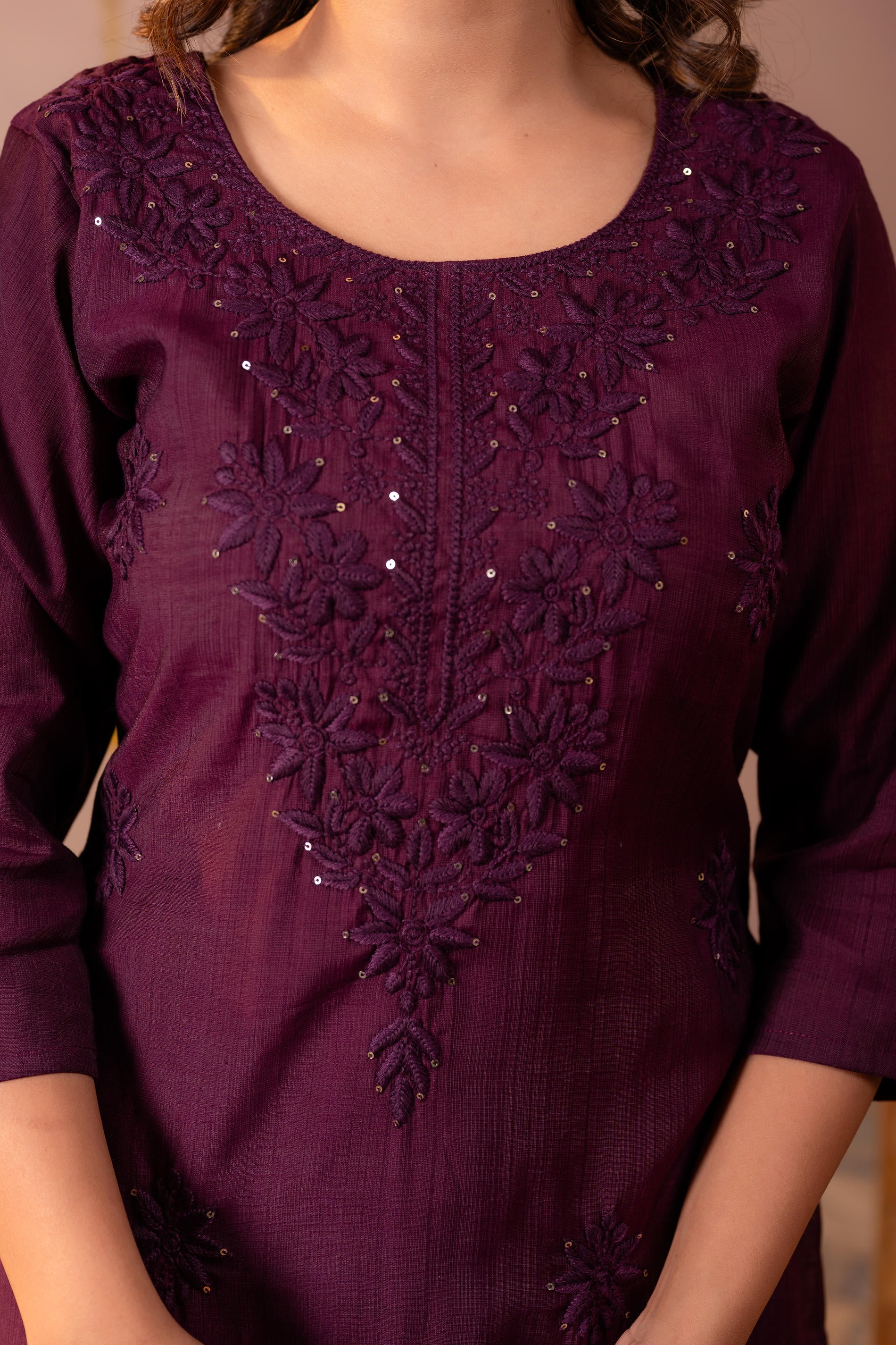 Wine Tonal Sequin Embellished Straight Kurta Set