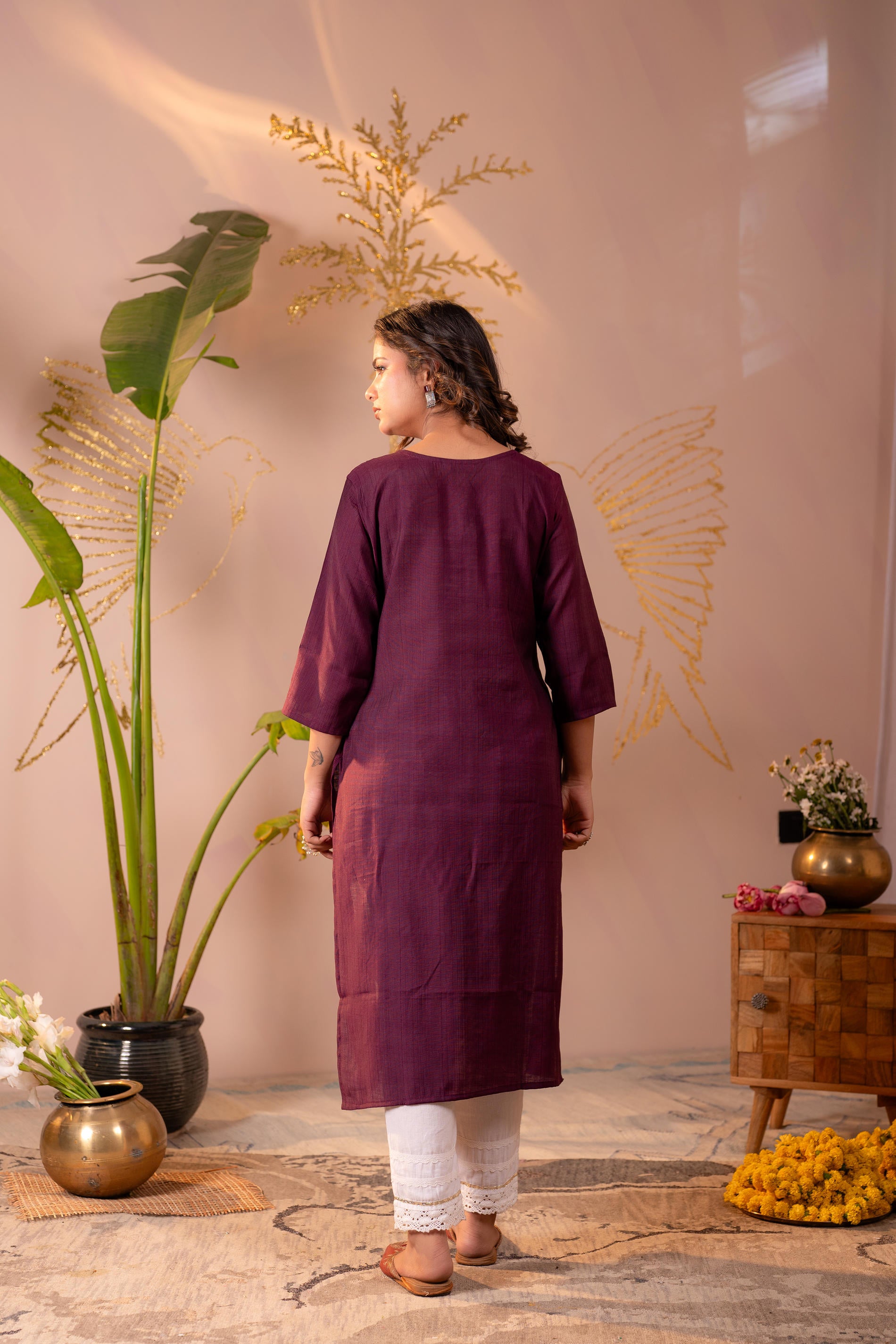 Wine Tonal Sequin Embellished Straight Kurta Set