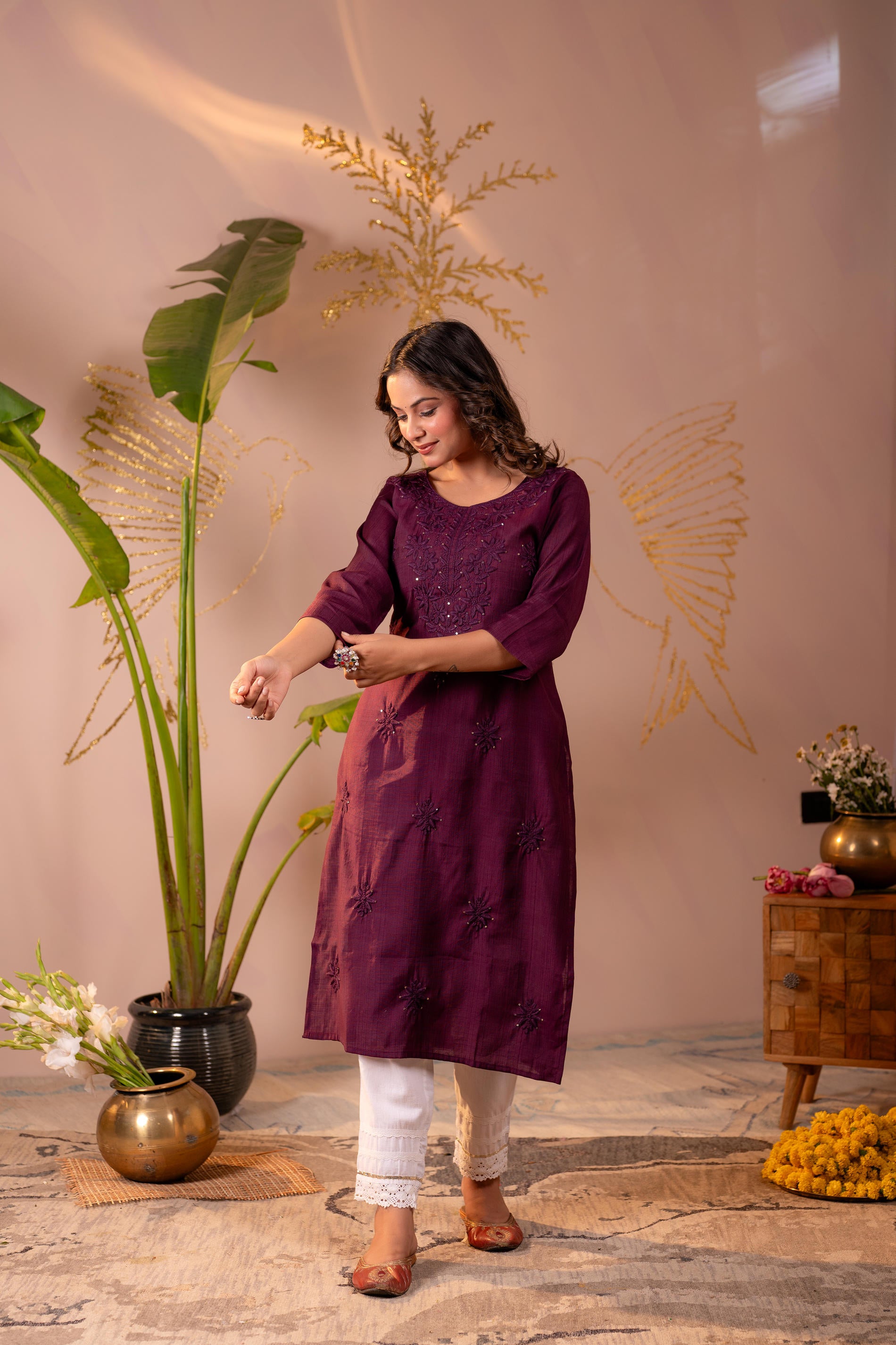 Wine Tonal Sequin Embellished Straight Kurta Set