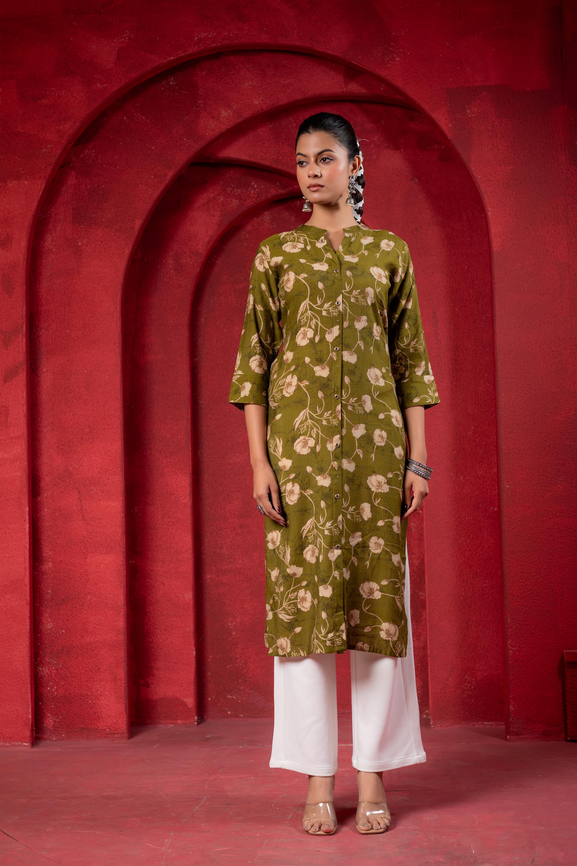 Olive Green Floral Handblock-Style Straight Kurta