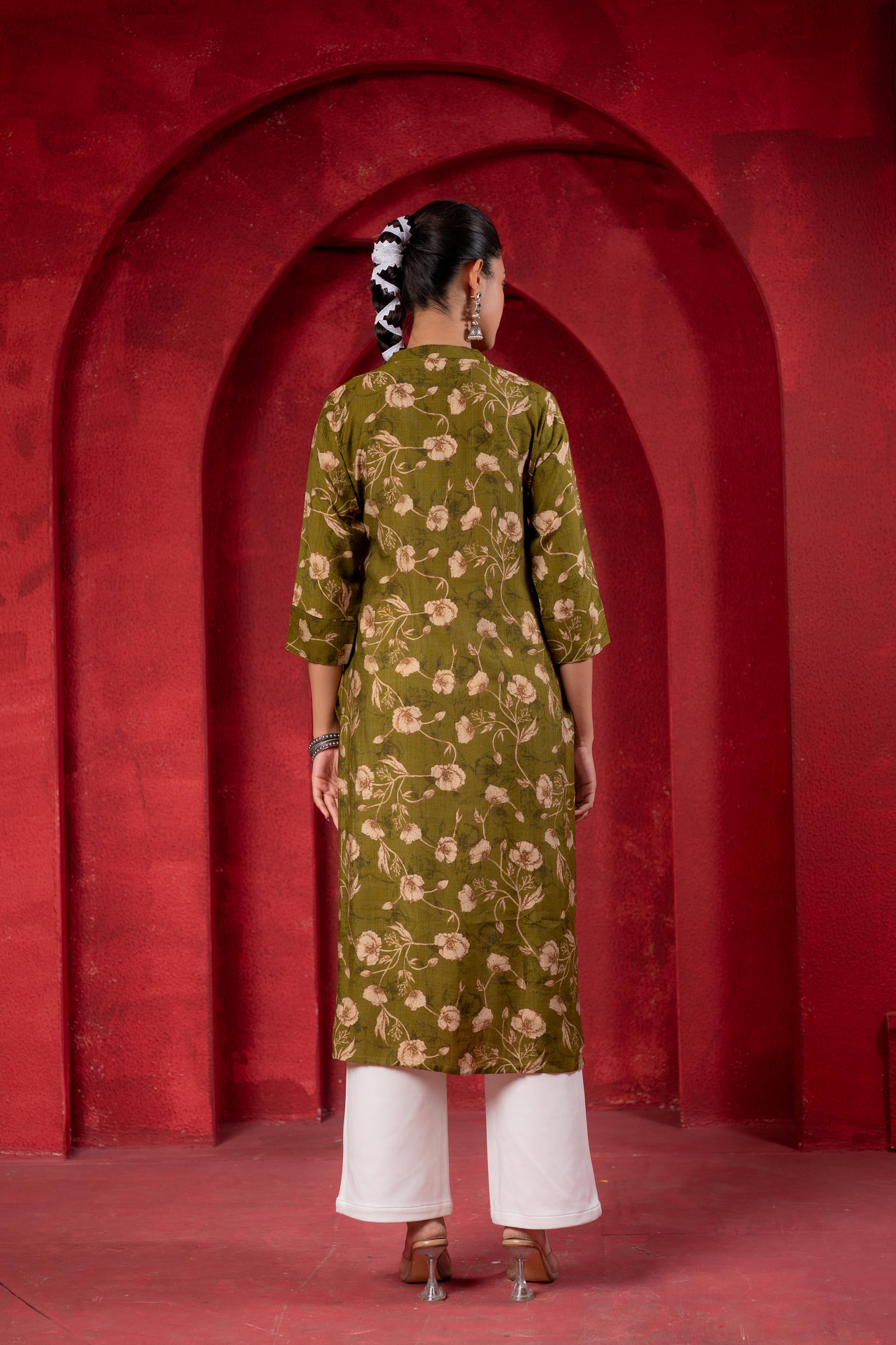 Olive Green Floral Handblock-Style Straight Kurta