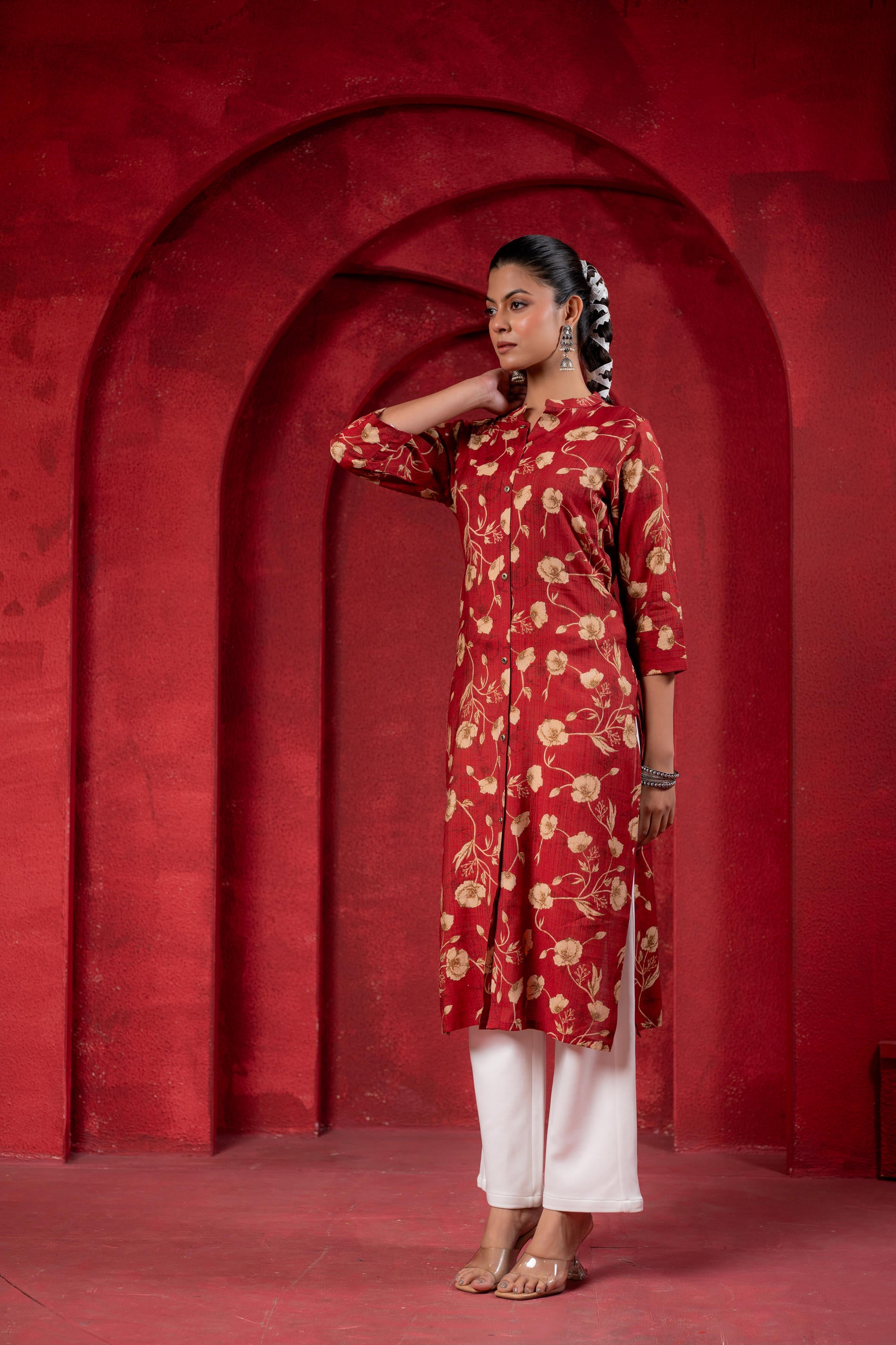 Maroon Floral Handblock-Style Straight Kurta