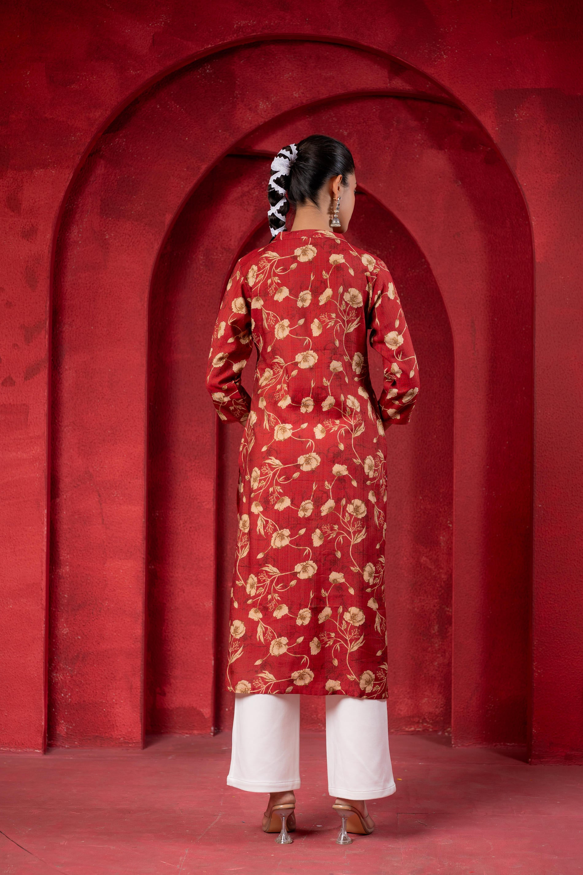 Maroon Floral Handblock-Style Straight Kurta