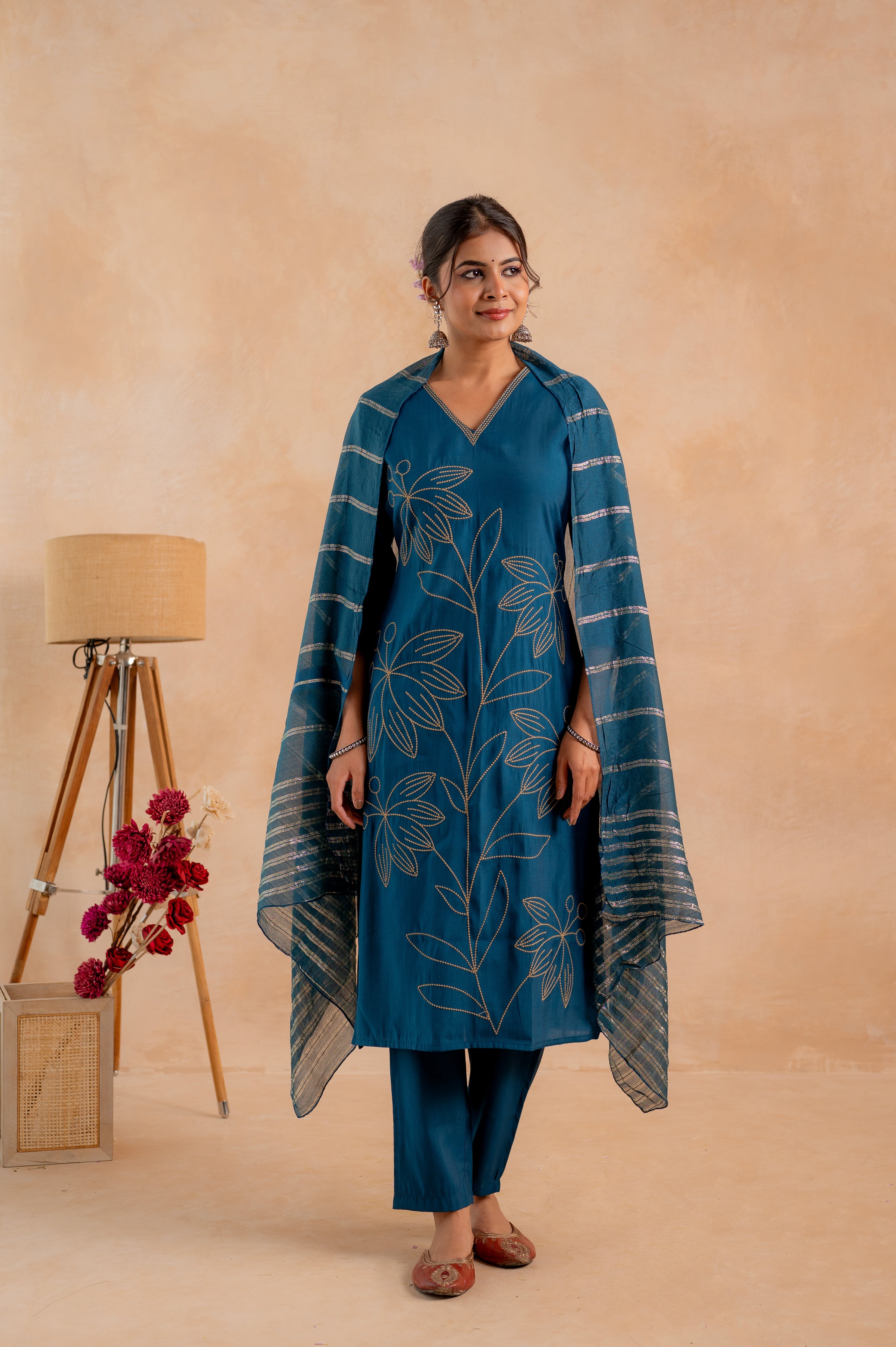 Indigo Solid Embroidered Straight Kurta Pant and Dupatta Set with Thread Work