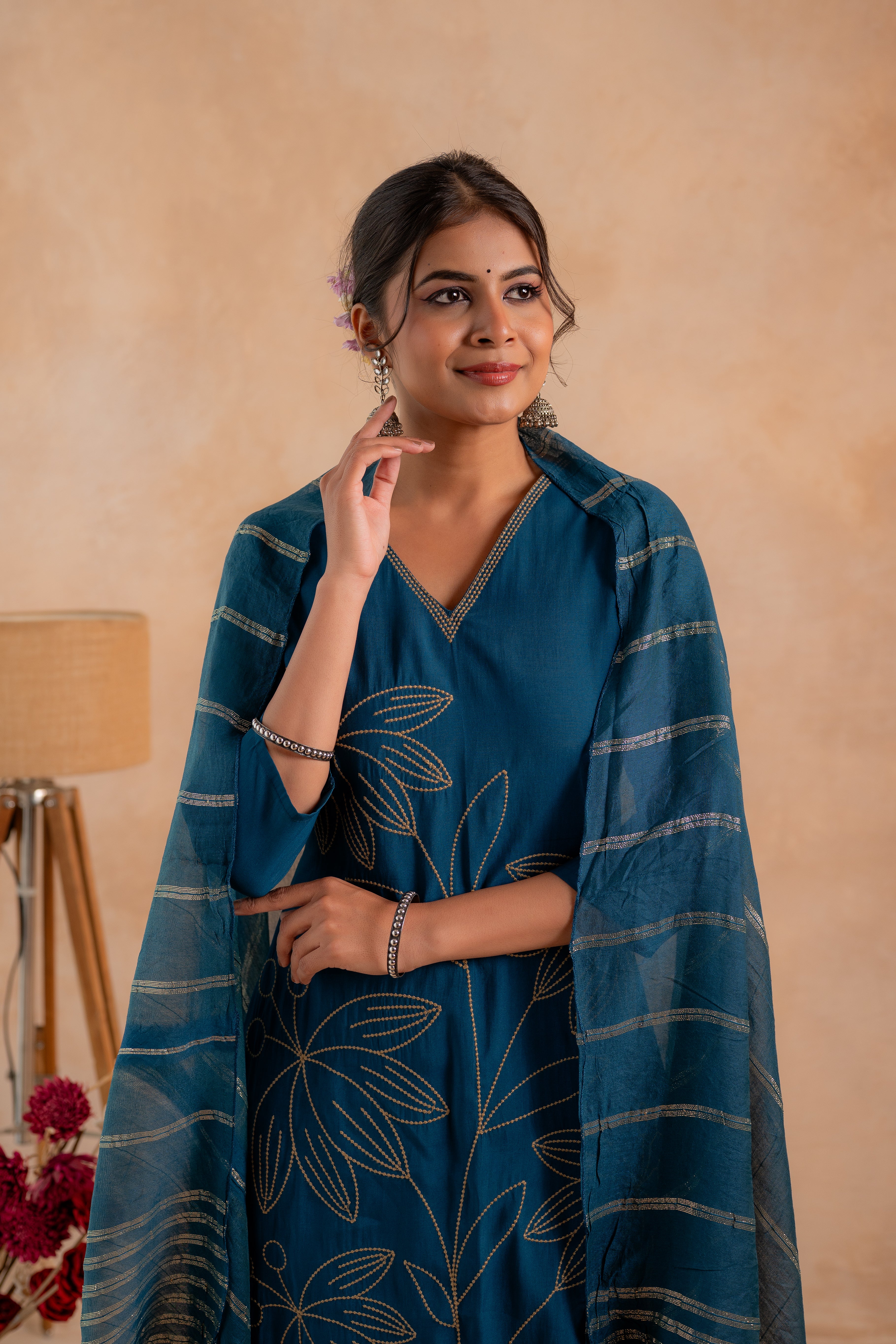 Indigo Solid Embroidered Straight Kurta Pant and Dupatta Set with Thread Work