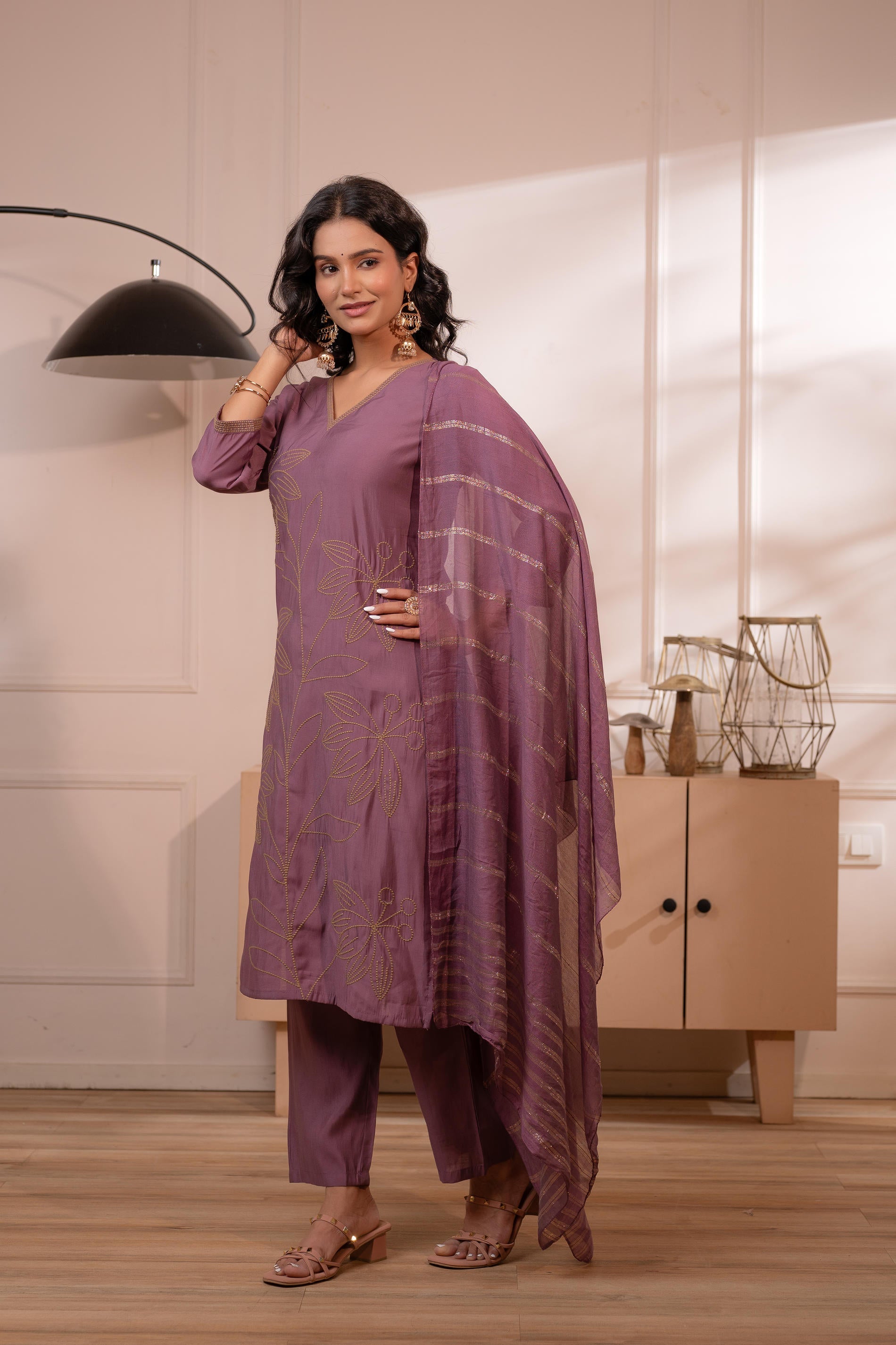 Plum Solid Embroidered Straight Kurta Pant and Dupatta Set with Thread Work