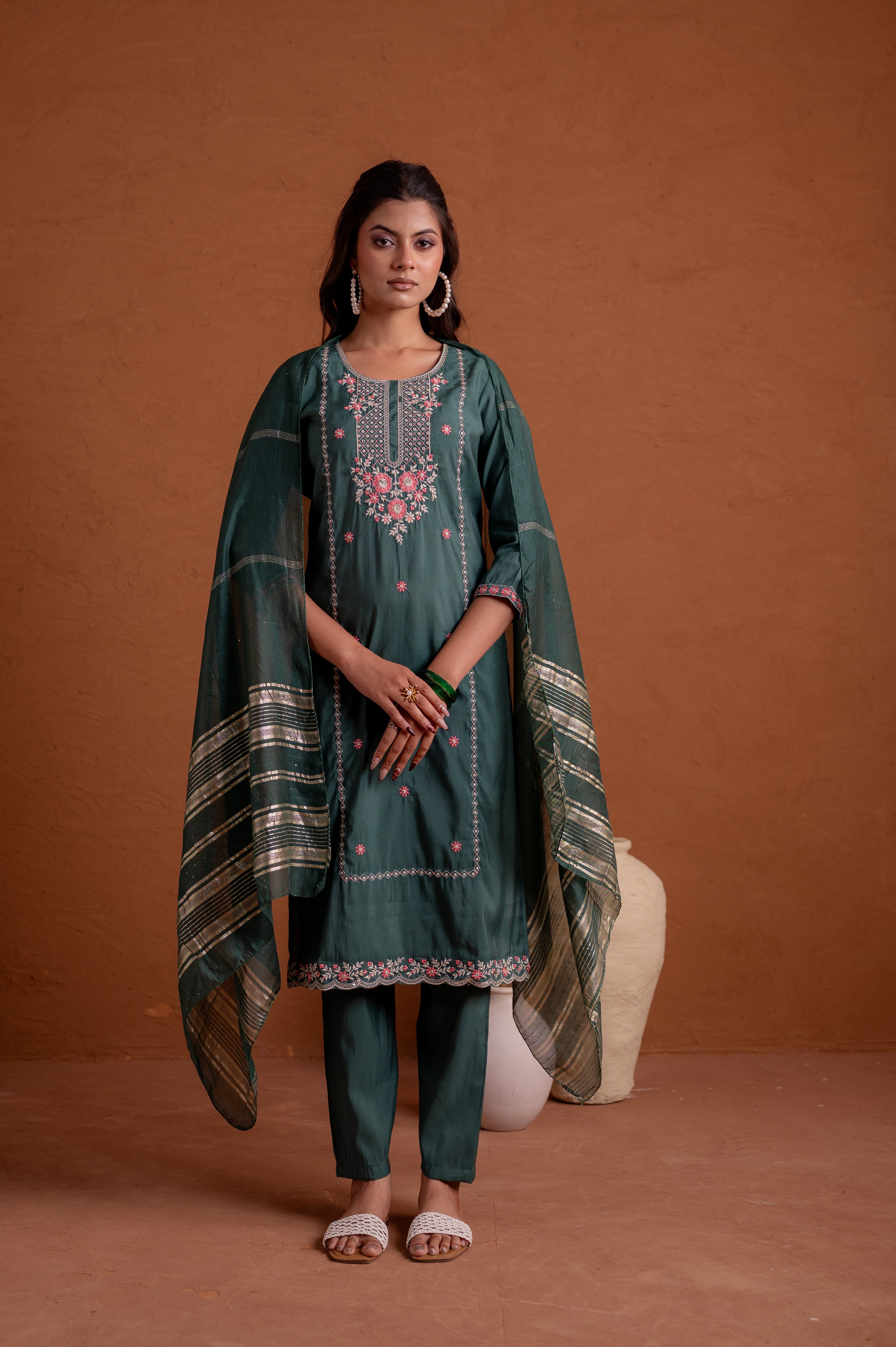 Green Poly Viscose Straight Kurta Pant And Dupatta Set with Thread & Sequence Work