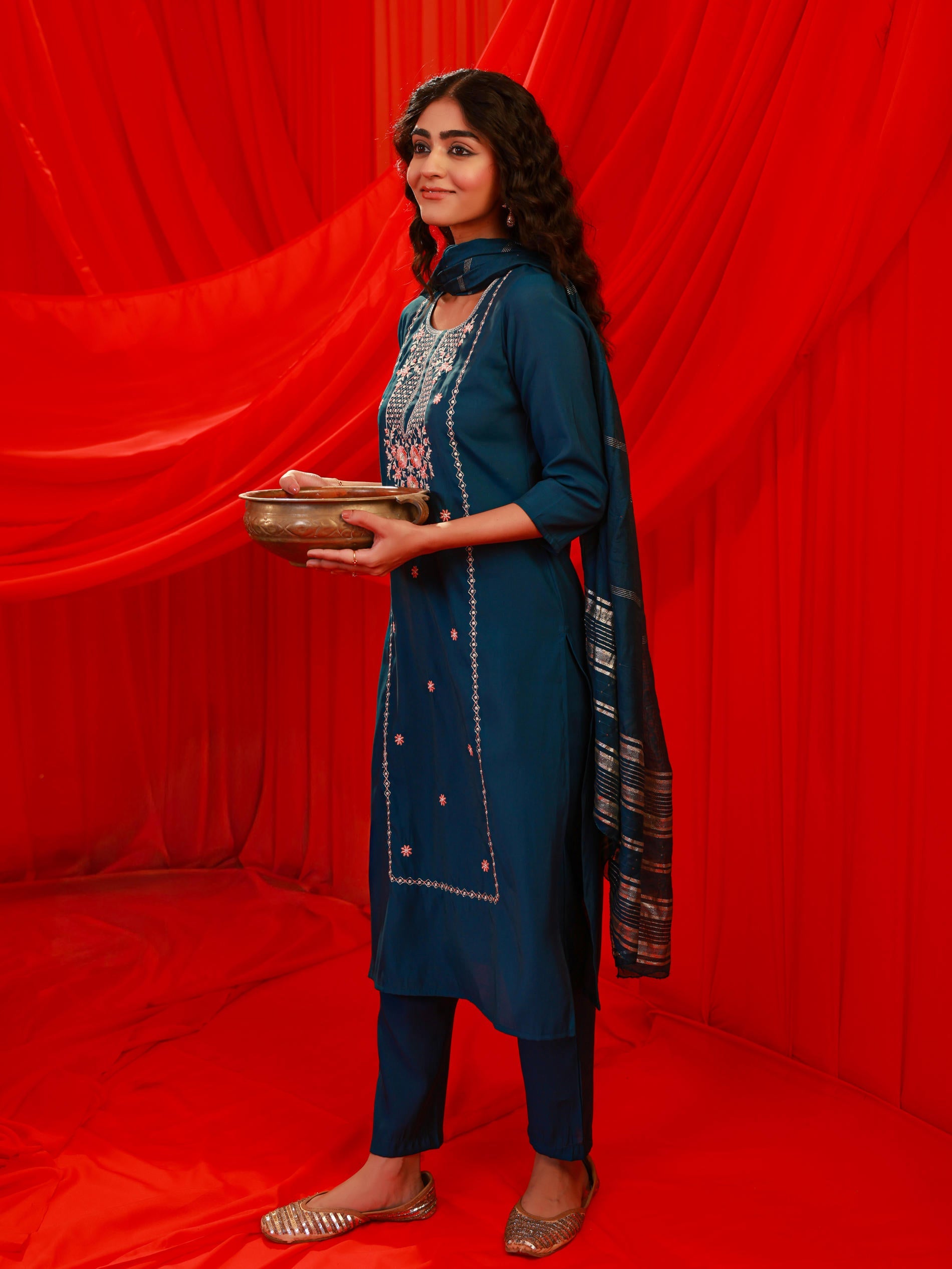 Indigo Poly Viscose Straight Kurta Pant And Dupatta Set with Thread & Sequence Work