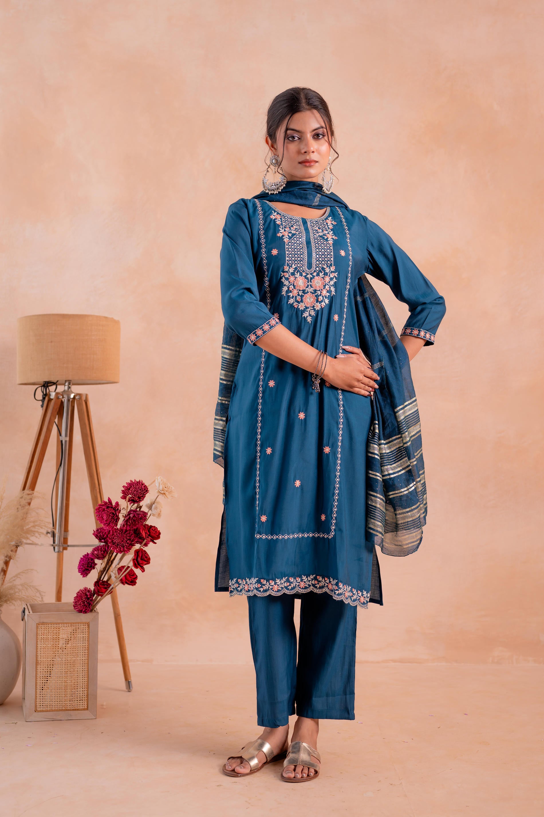 Indigo Poly Viscose Straight Kurta Pant And Dupatta Set with Thread & Sequence Work