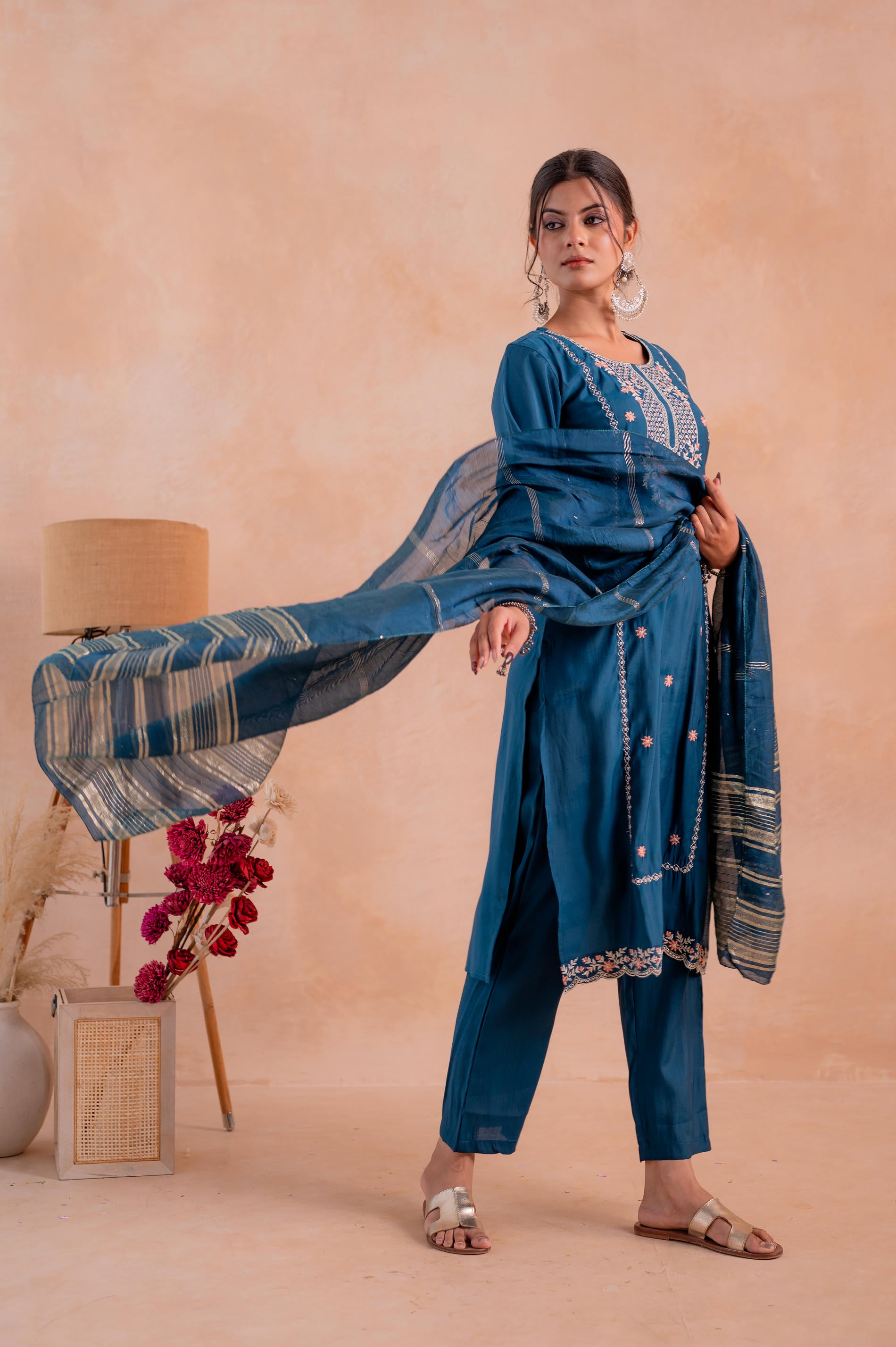 Indigo Poly Viscose Straight Kurta Pant And Dupatta Set with Thread & Sequence Work