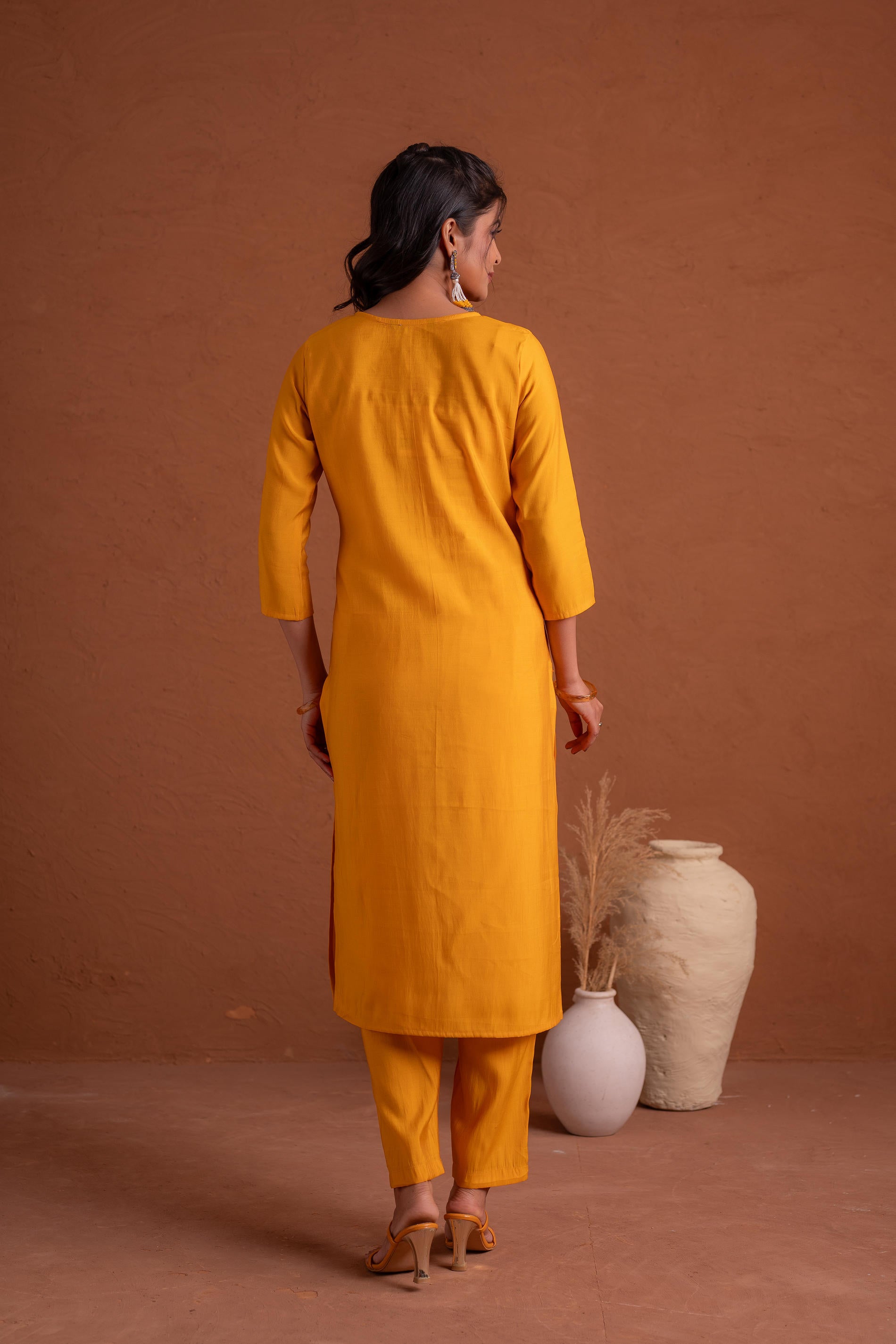 Mustard Poly Viscose Straight Kurta Pant And Dupatta Set with Thread & Sequence Work