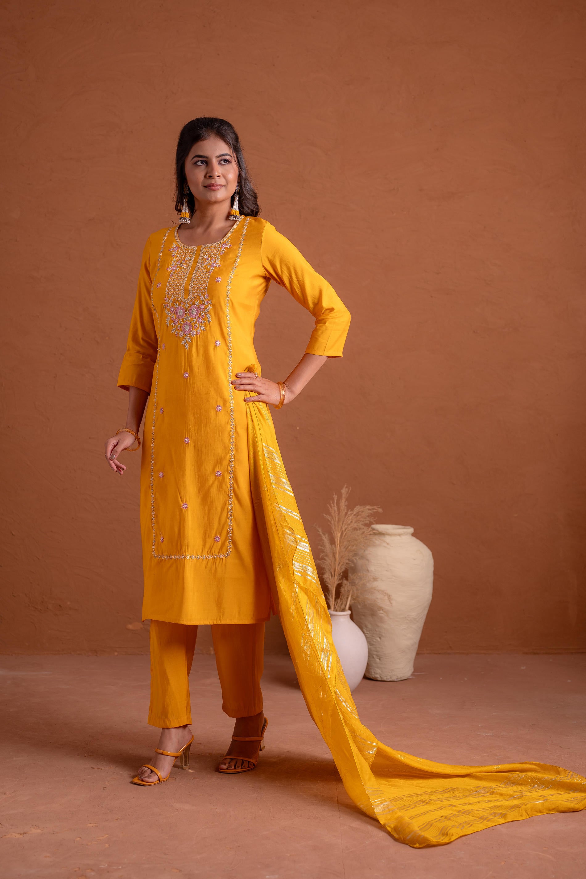 Mustard Poly Viscose Straight Kurta Pant And Dupatta Set with Thread & Sequence Work