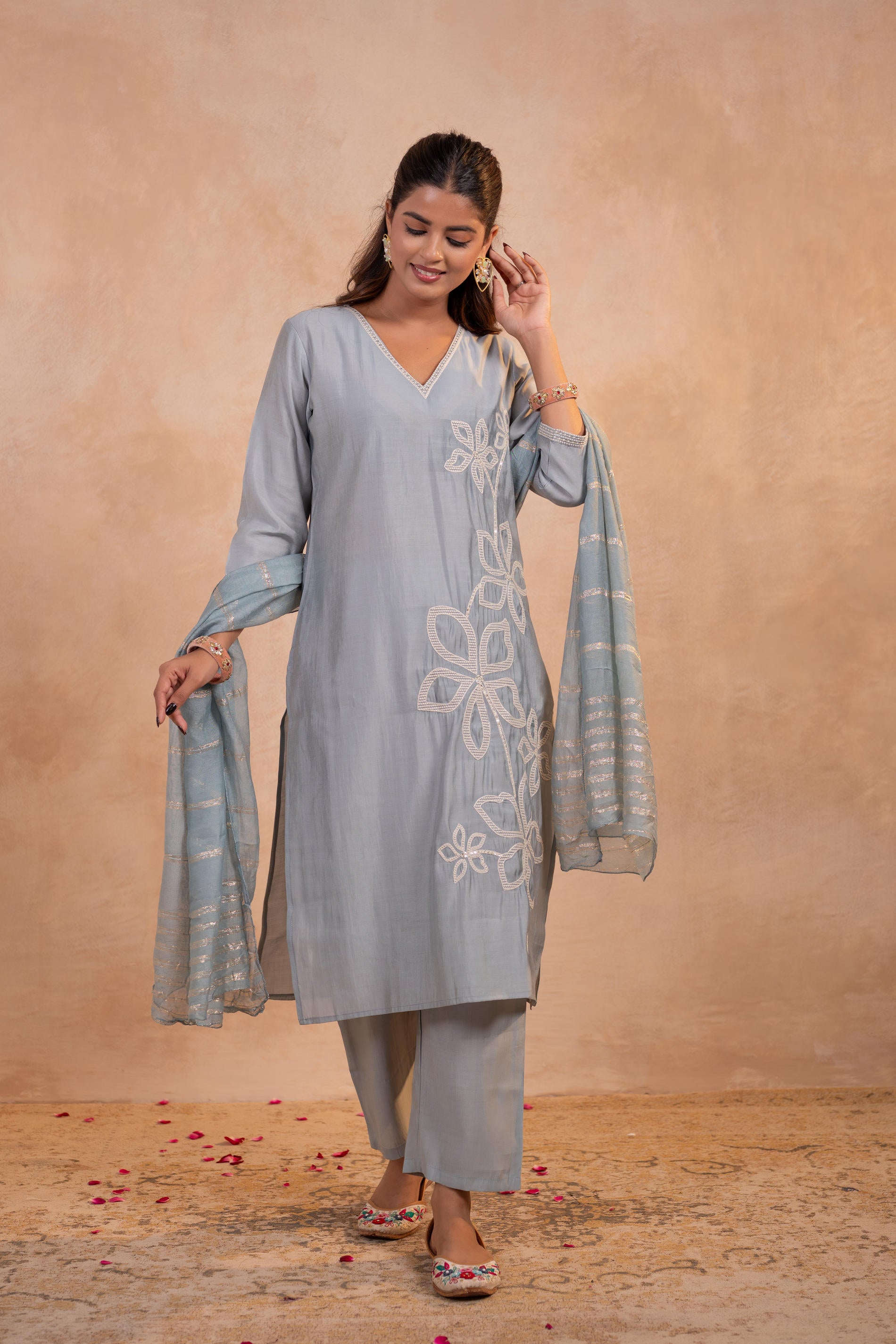 Gray Serenity Embroidered Suit Set