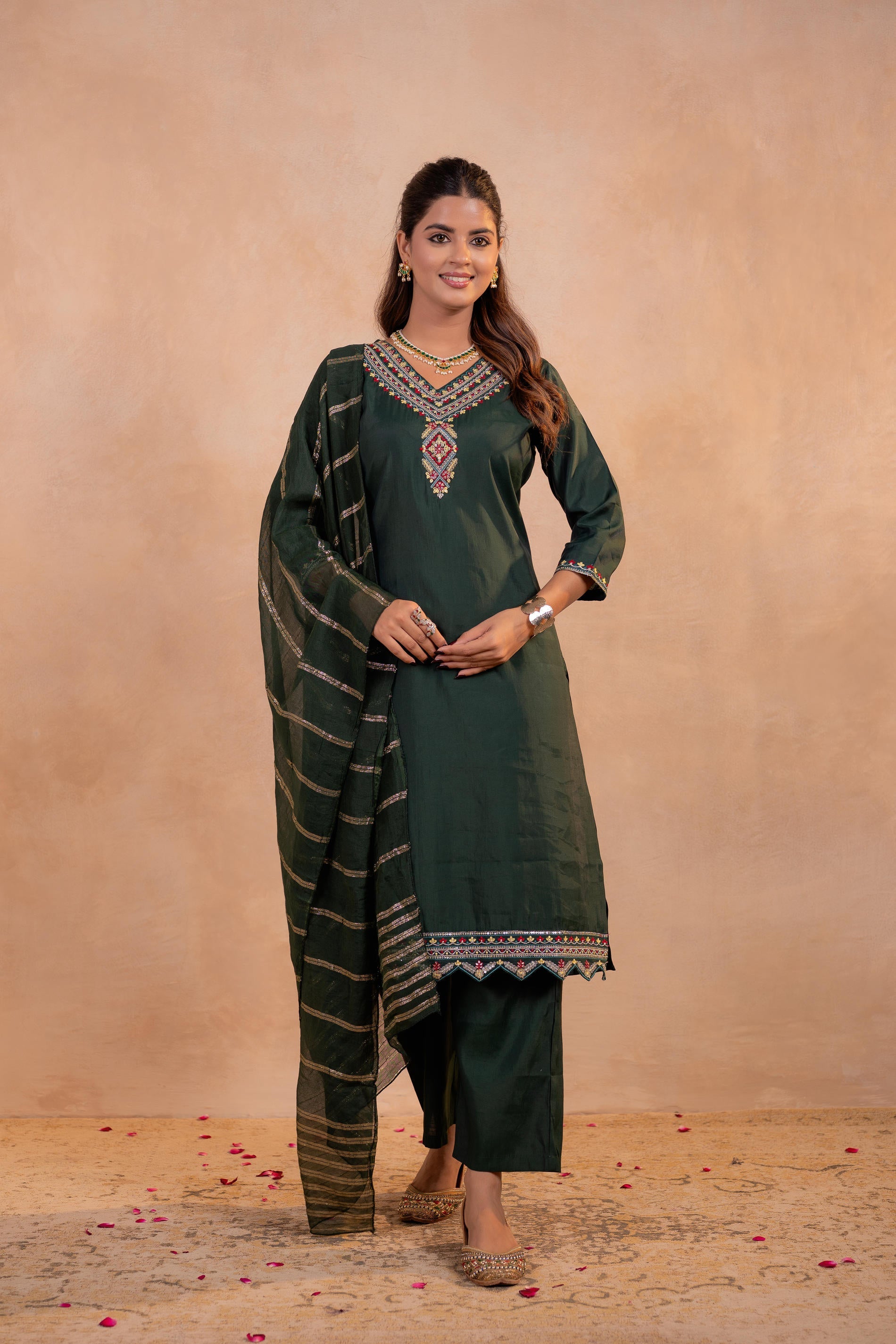 Bottle Green Serenity Embroidered Suit Set