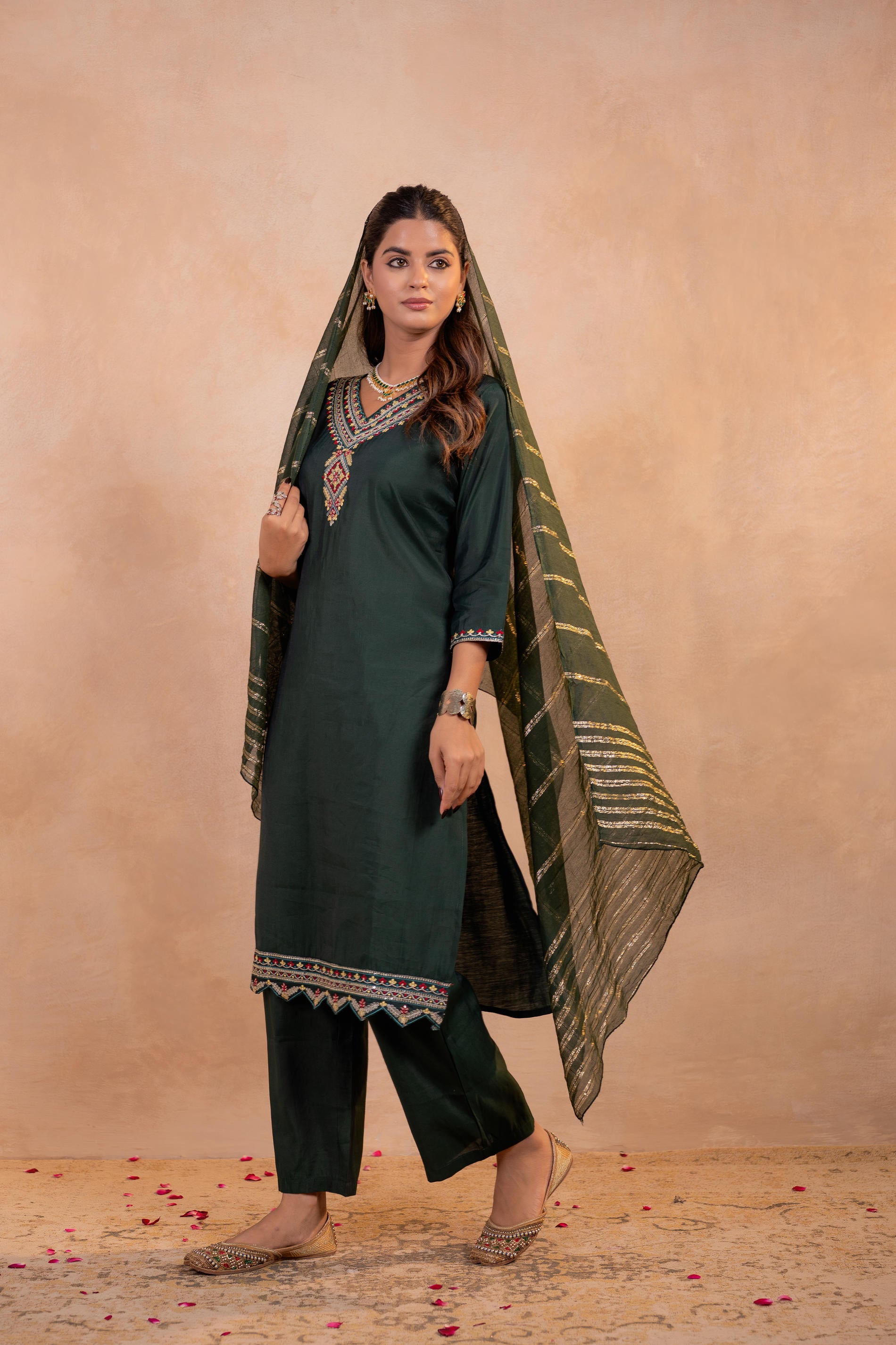 Bottle Green Serenity Embroidered Suit Set
