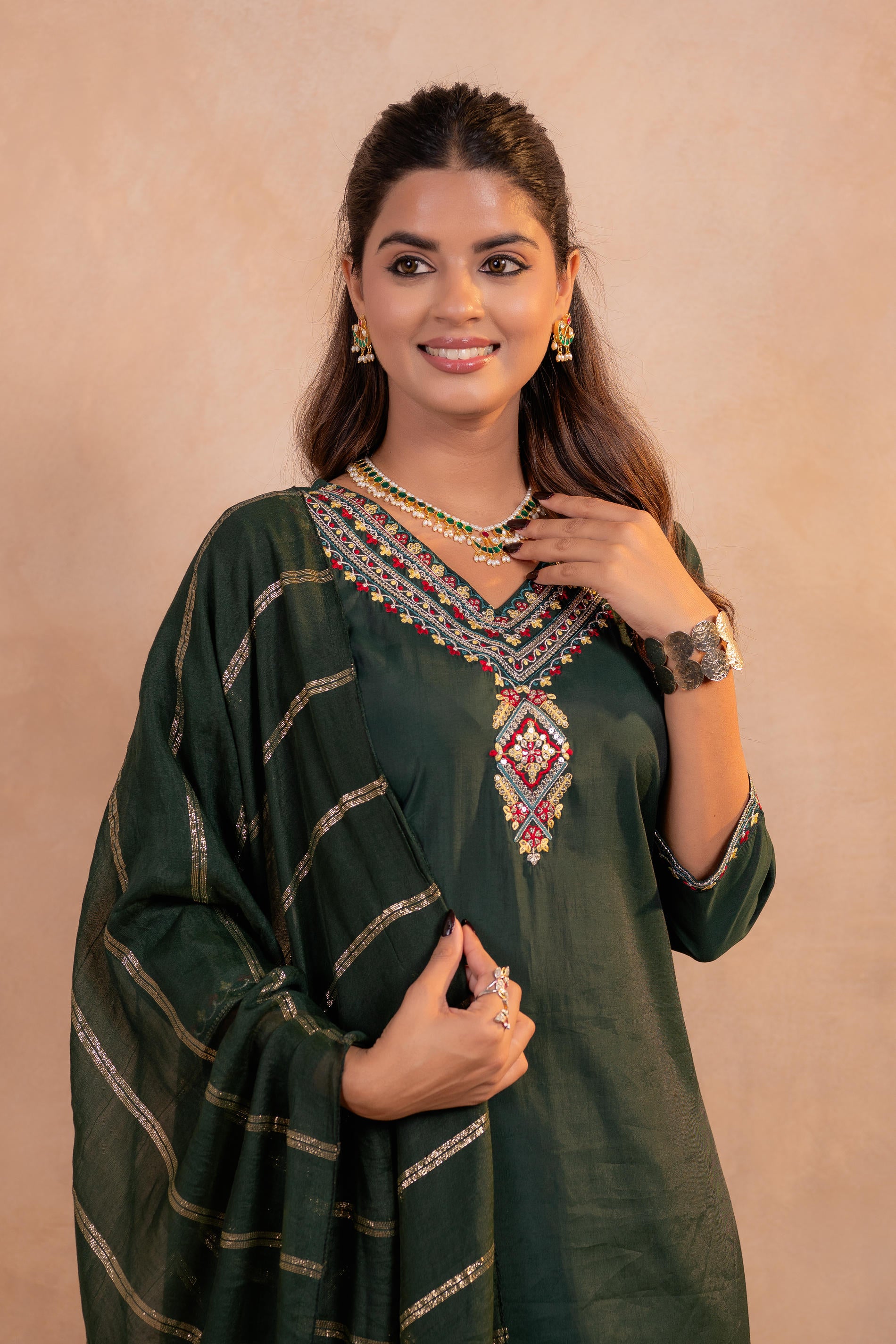 Bottle Green Serenity Embroidered Suit Set