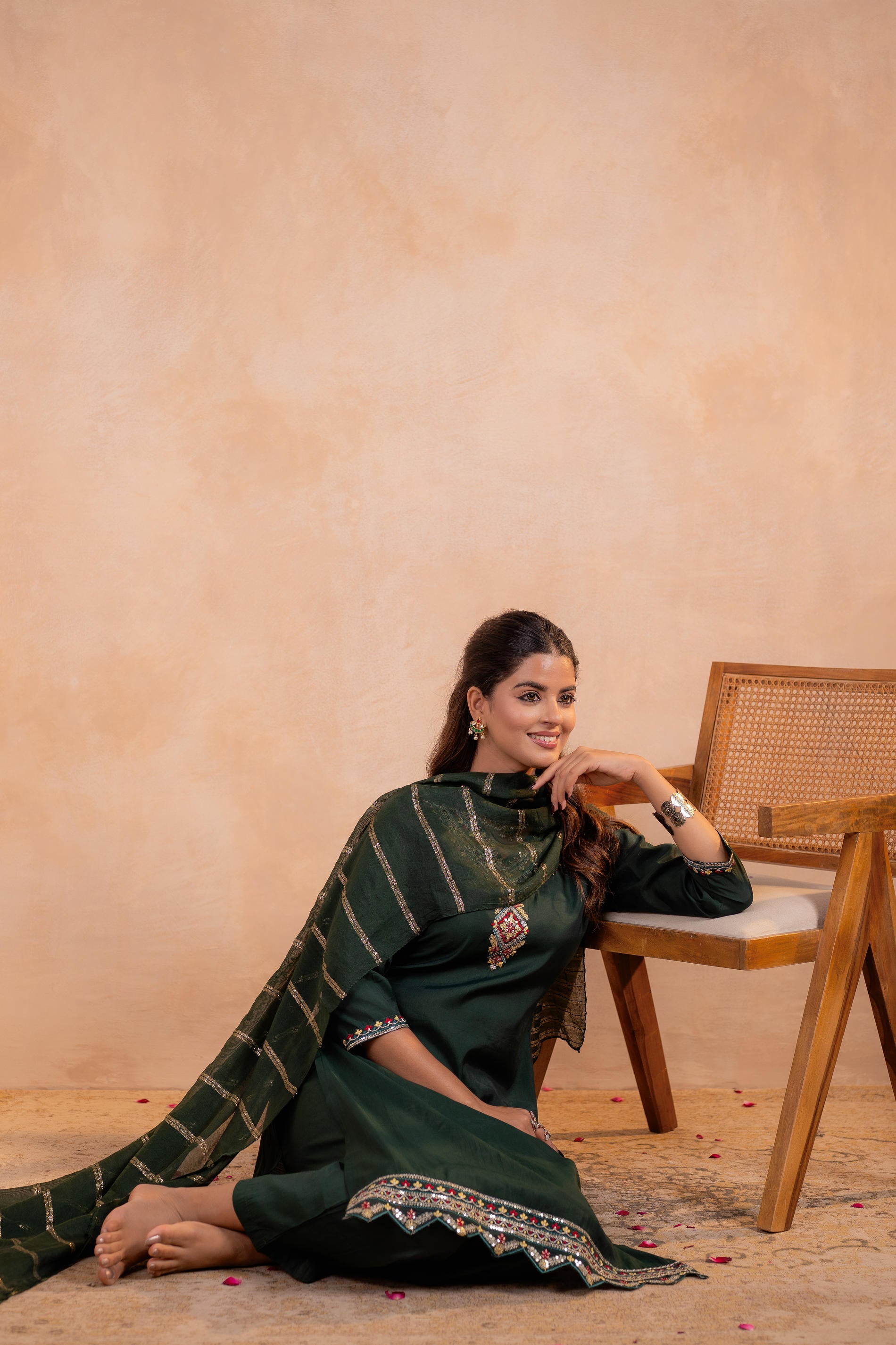 Bottle Green Serenity Embroidered Suit Set