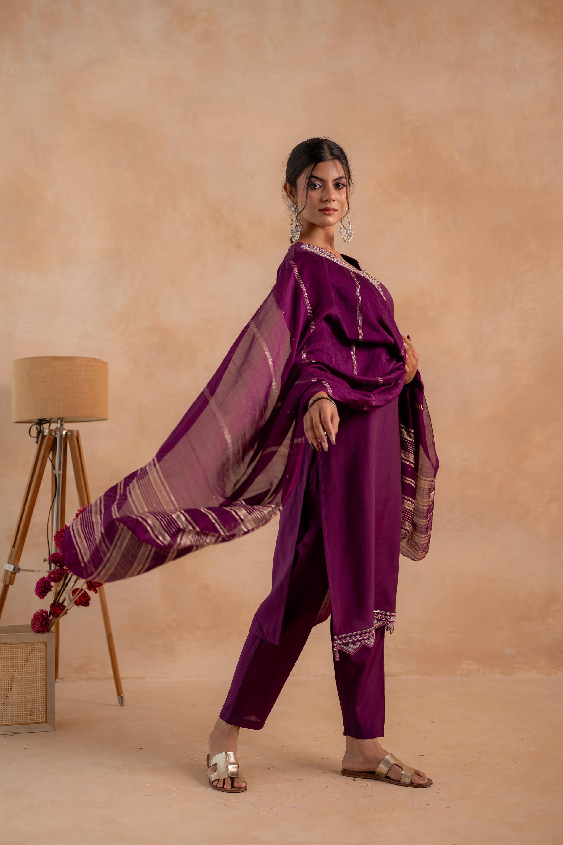 Maroon Poly Viscose Straight Kurta Pant And Dupatta Set with Zari, Thread & Sequence Work