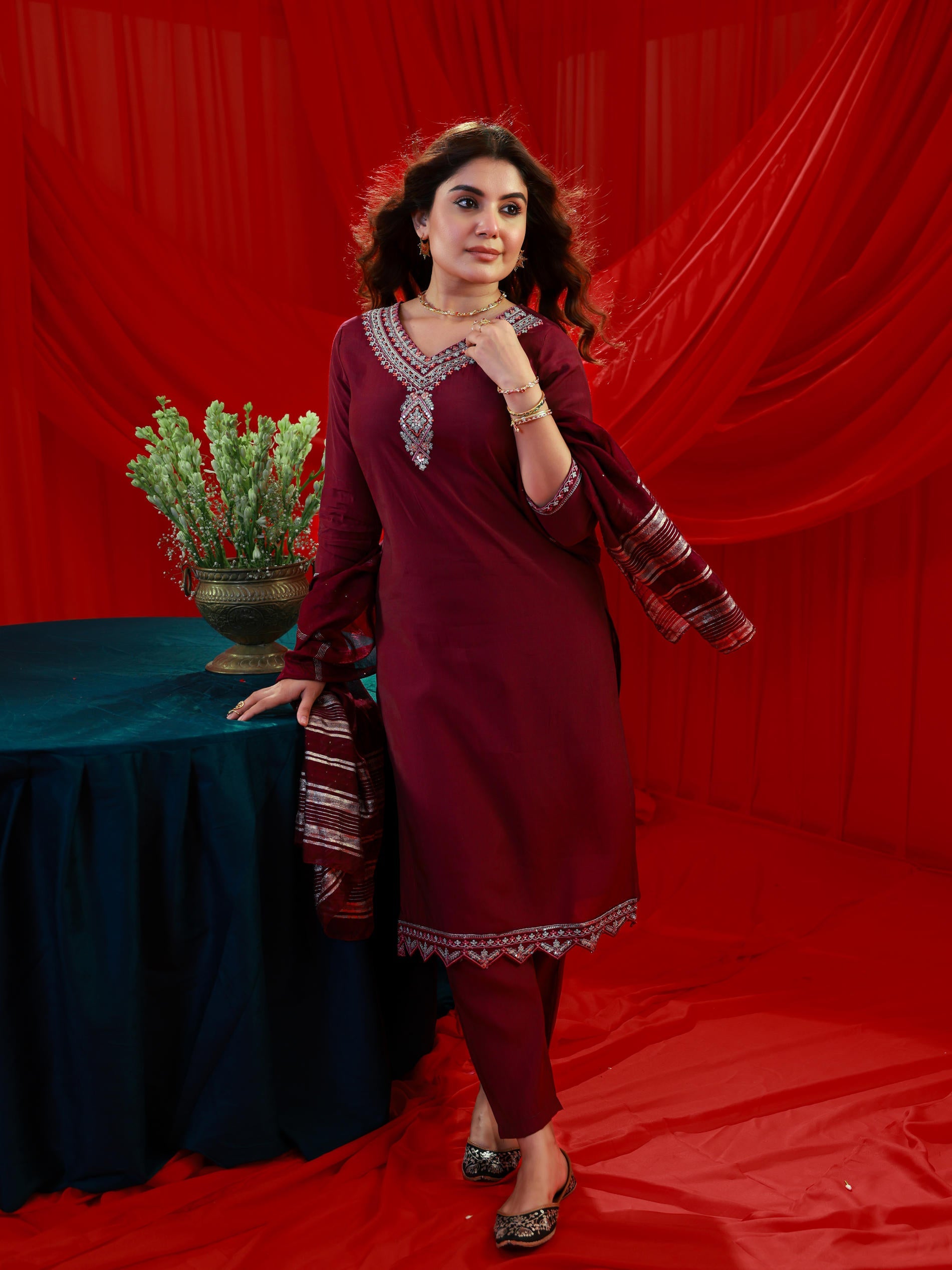 Maroon Poly Viscose Straight Kurta Pant And Dupatta Set with Zari, Thread & Sequence Work