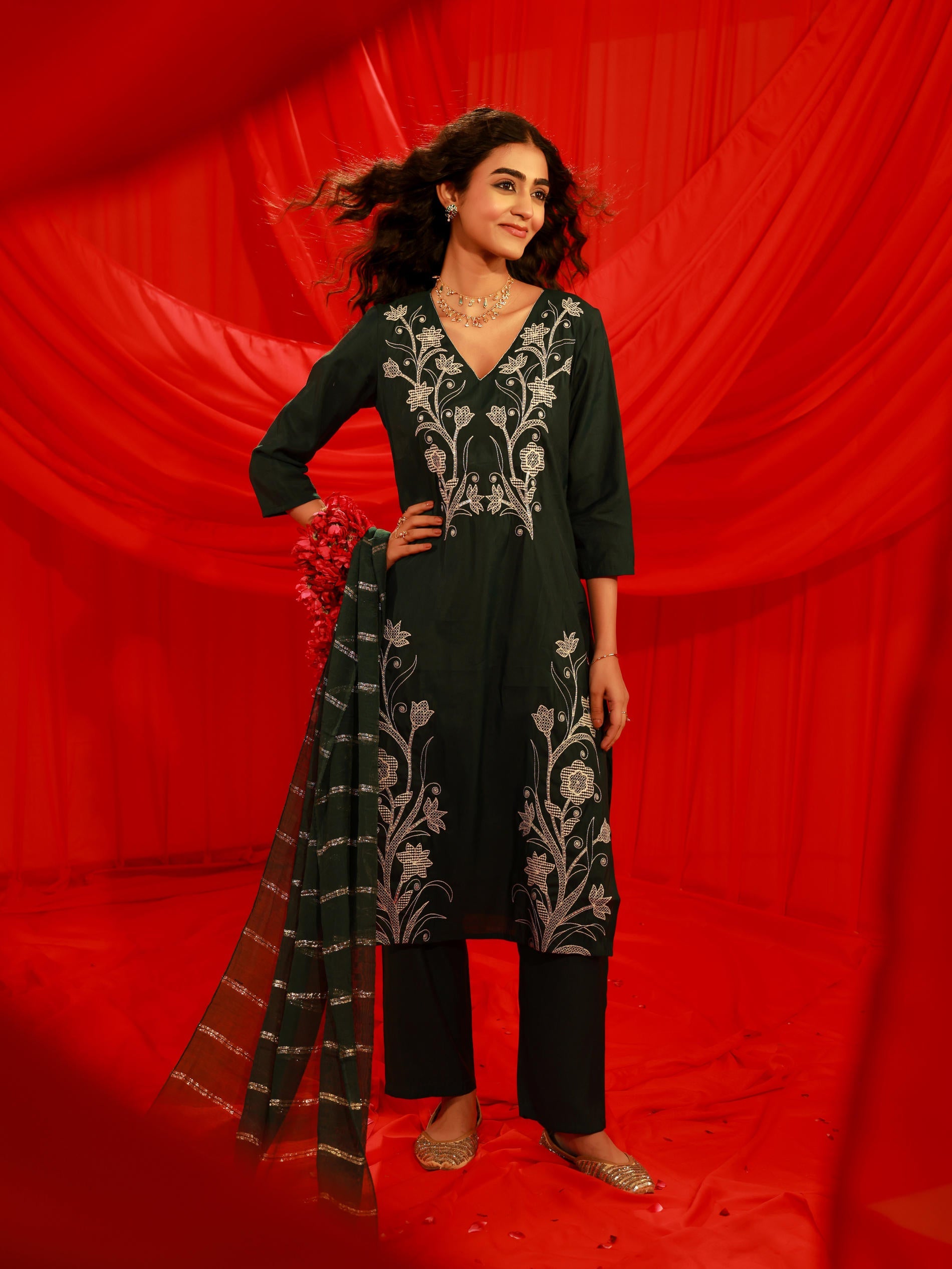 Mehandi Green Solid Embroidered Straight Kurta Pant and Dupatta Set with Thread Work