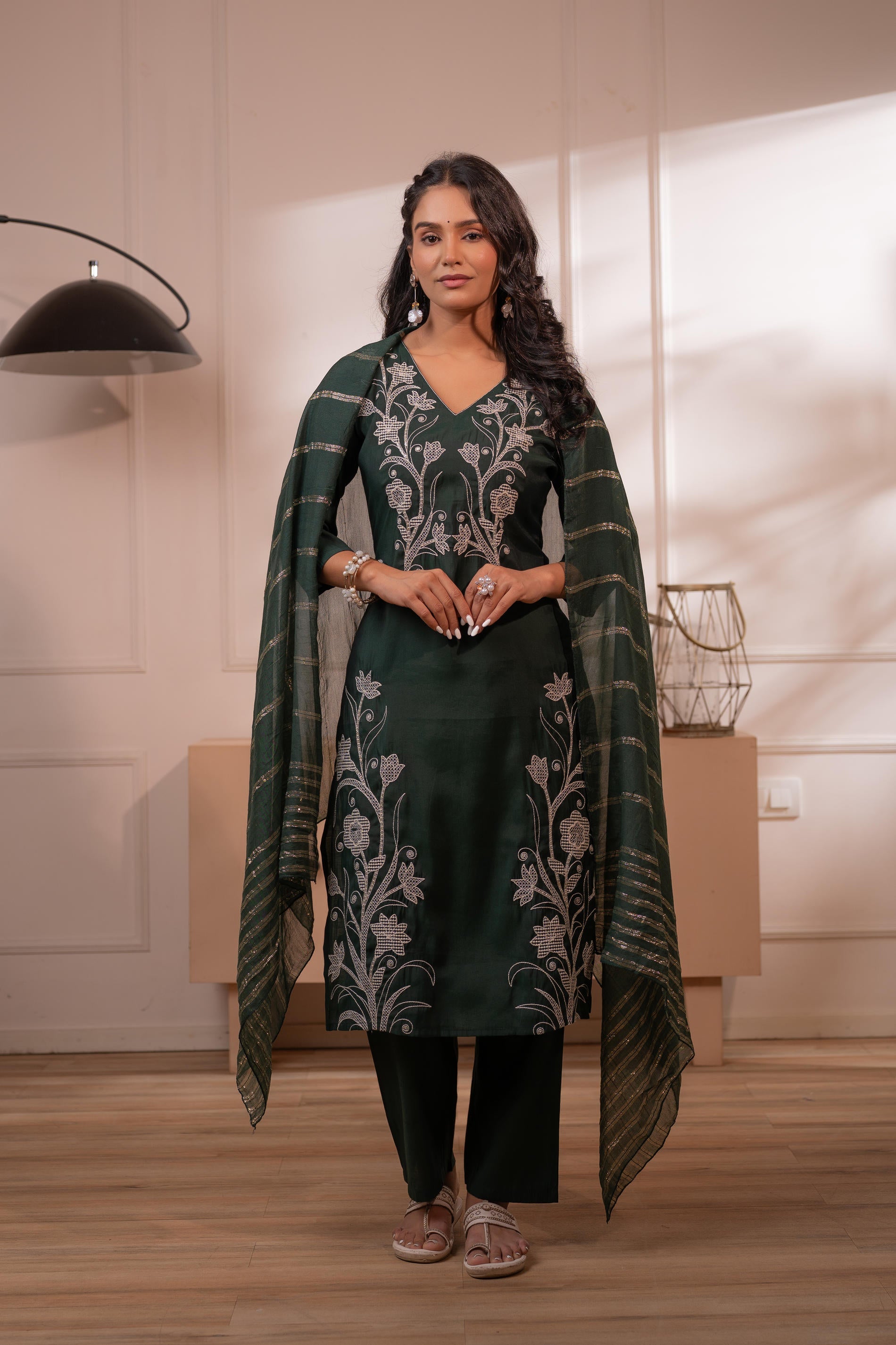 Mehandi Green Solid Embroidered Straight Kurta Pant and Dupatta Set with Thread Work